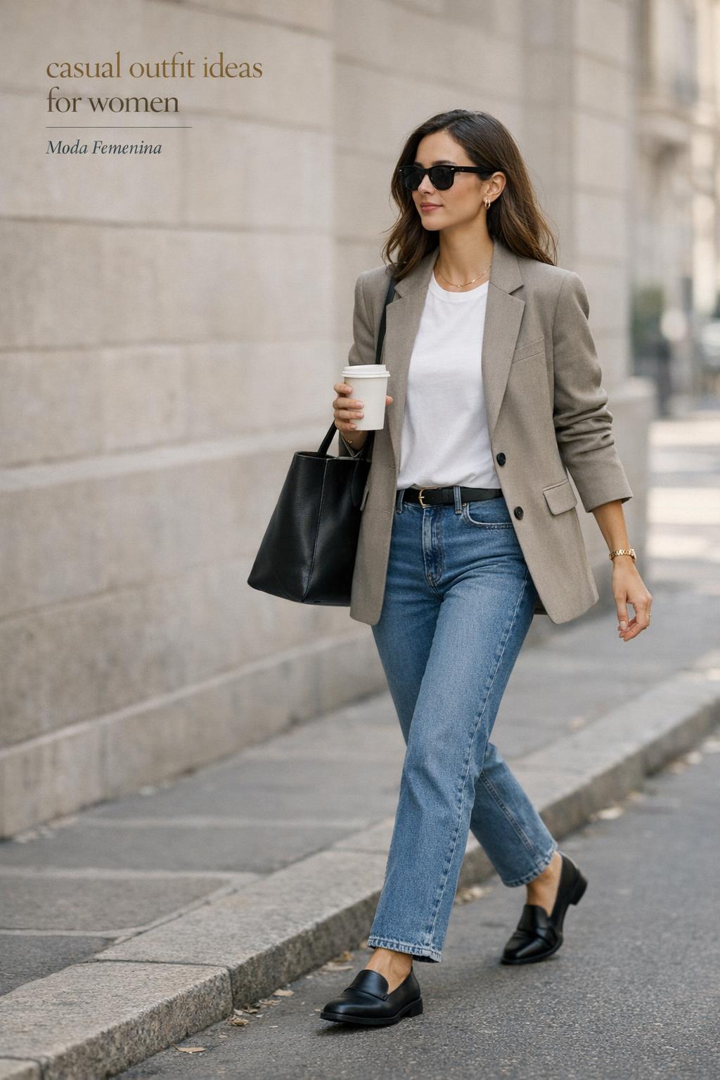 Causal outfit ideas for women in a minimalist European street style photo, woman mid-stride in jeans, tee and greige blazer