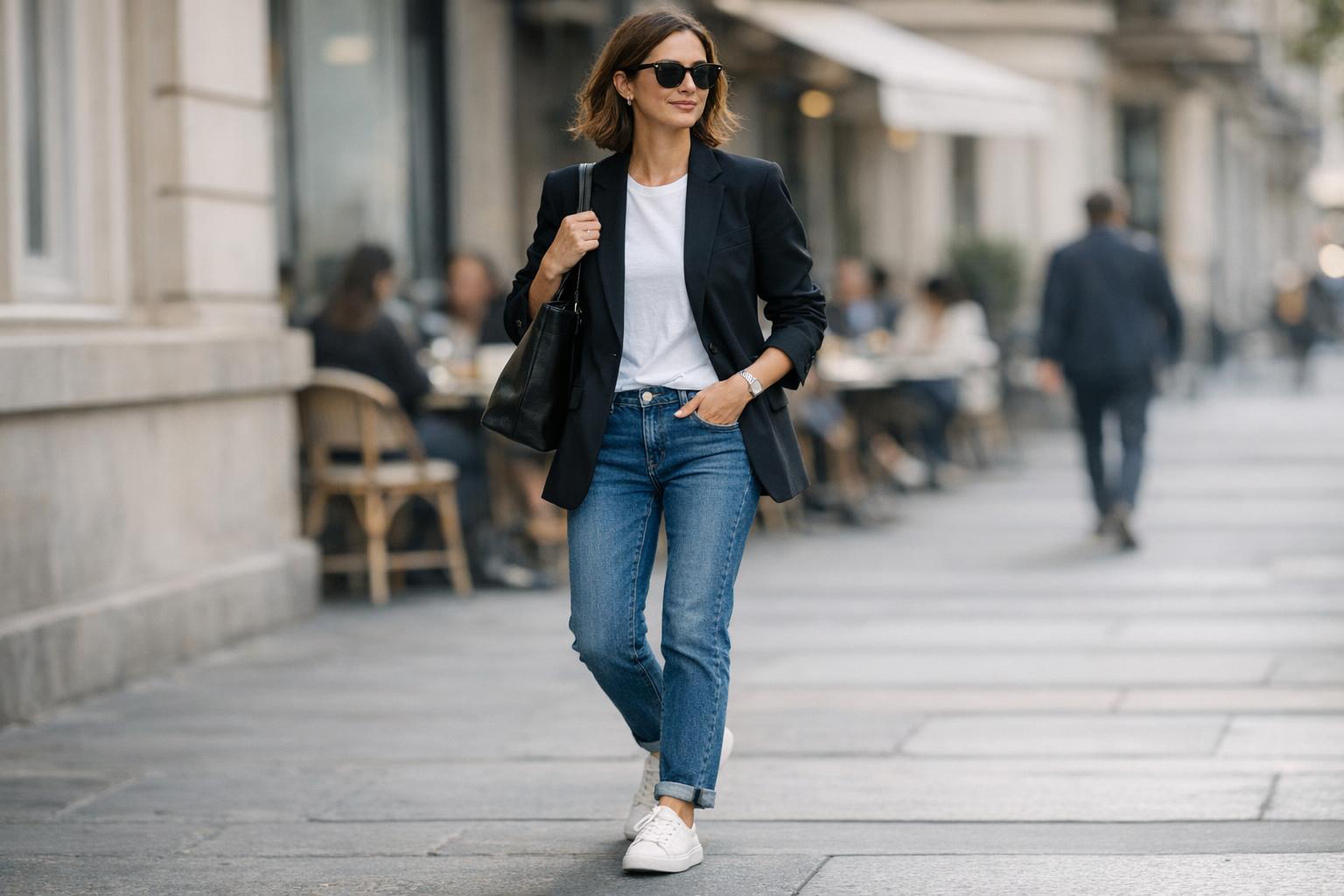 Causal outfit ideas for women featuring jeans, white tee, and tailored blazer with clean sneakers on a city street