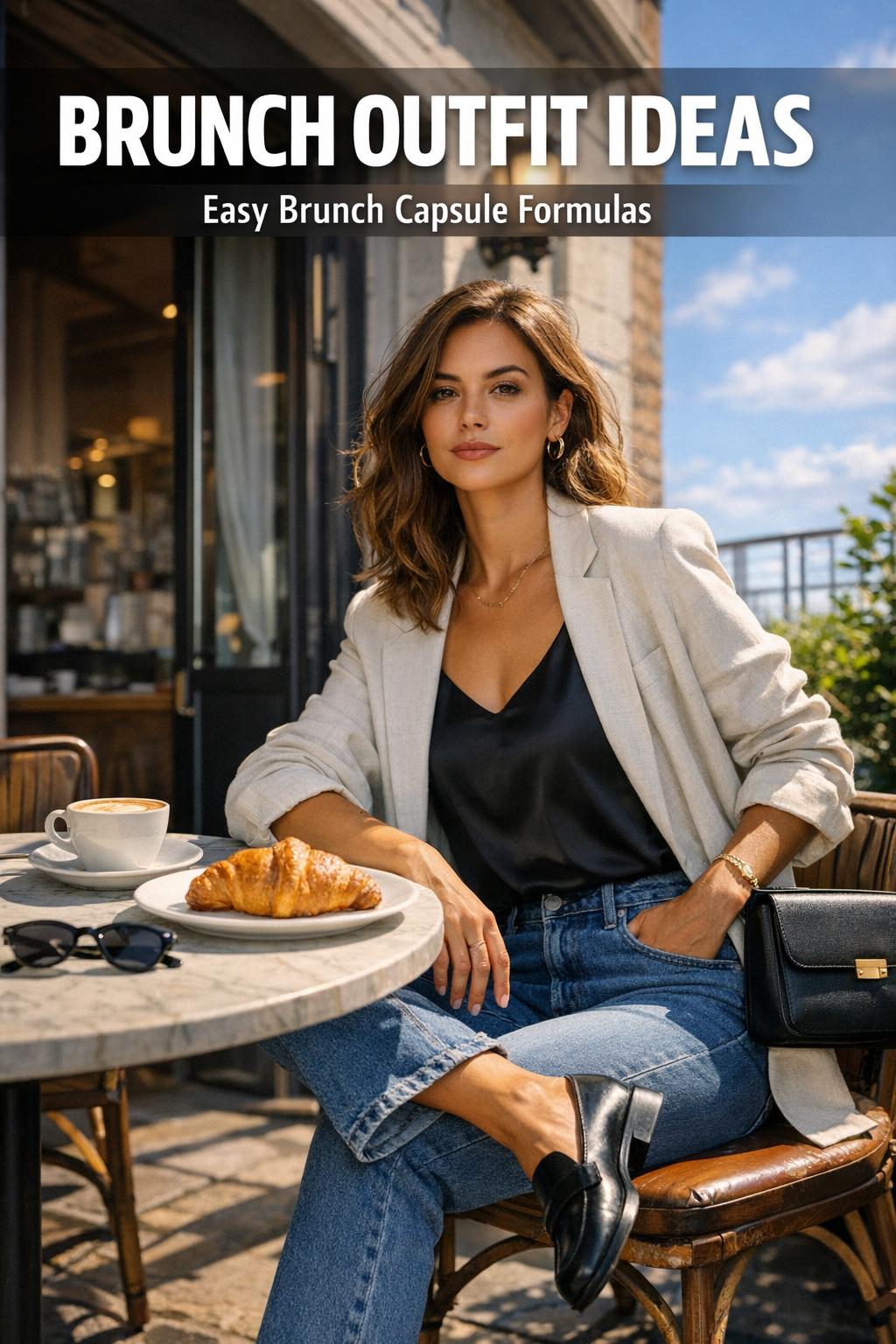 Chic brunch outfit ideas with a neutral blazer, jeans, and loafers in a sunny cafe setting