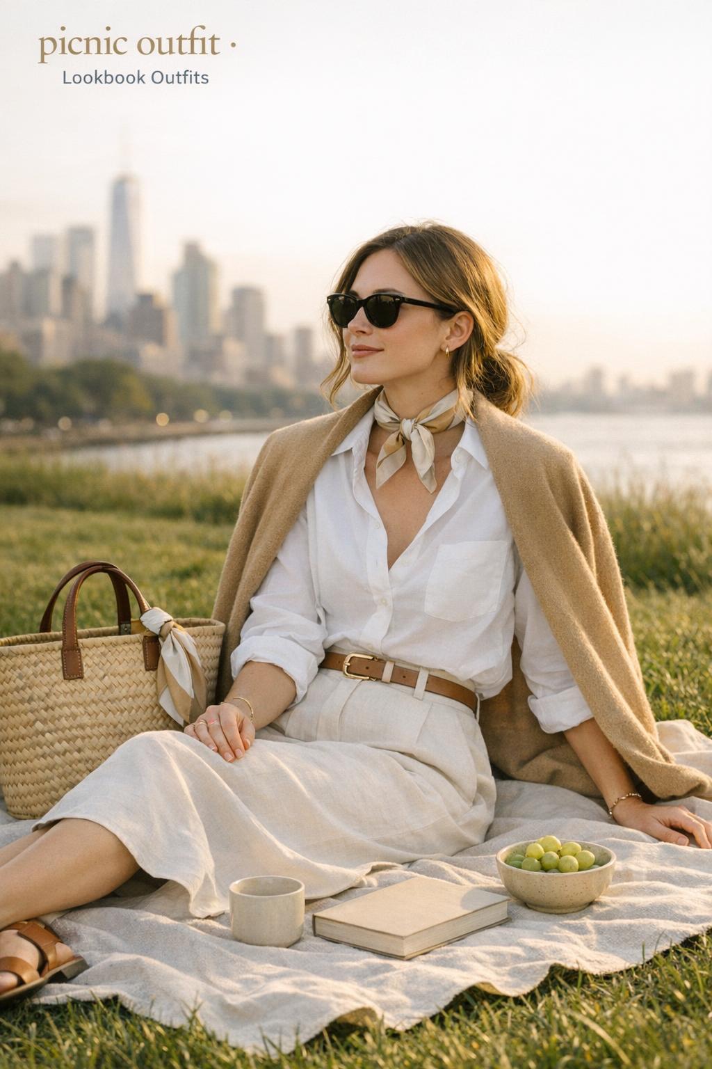 Chic picnic outfit lookbook in golden-hour city park with linen blanket, woven tote, neutral trousers and white shirt