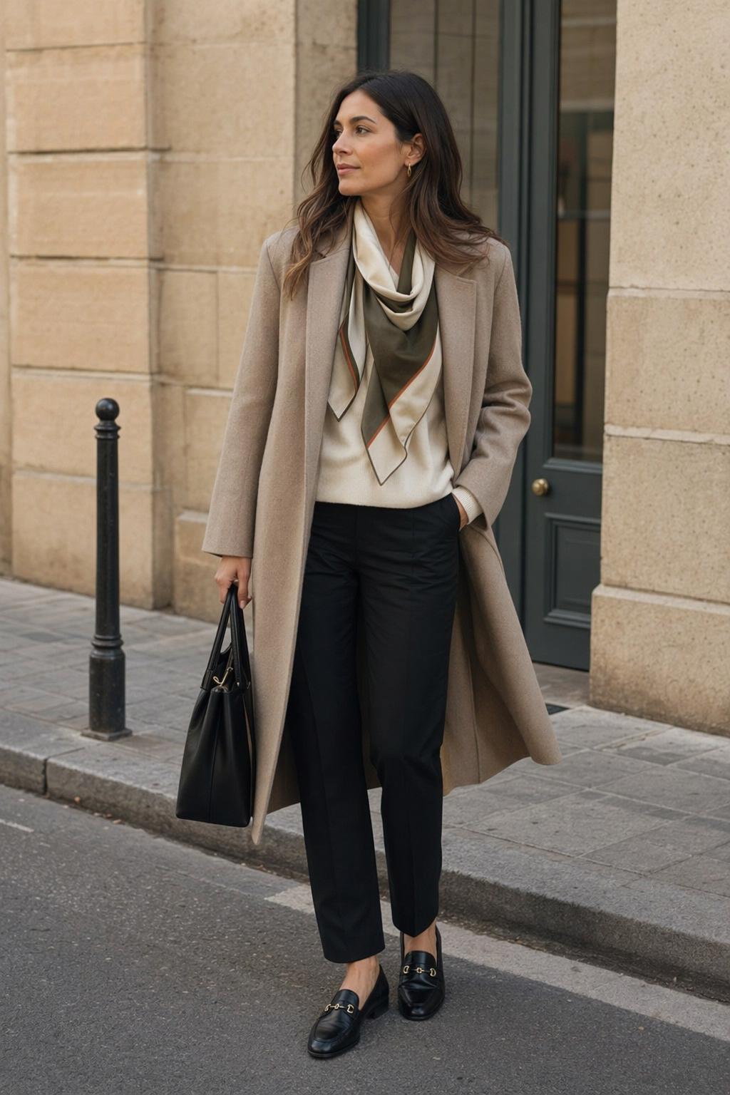 Chic scarf outfit with blazer and tailored coat on a quiet European city street
