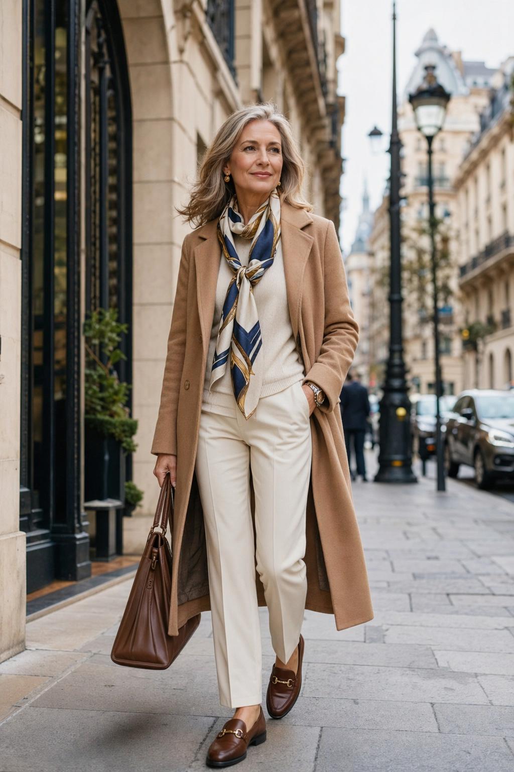 Woman wearing a chic scarf outfit in a natural, street-style portrait.