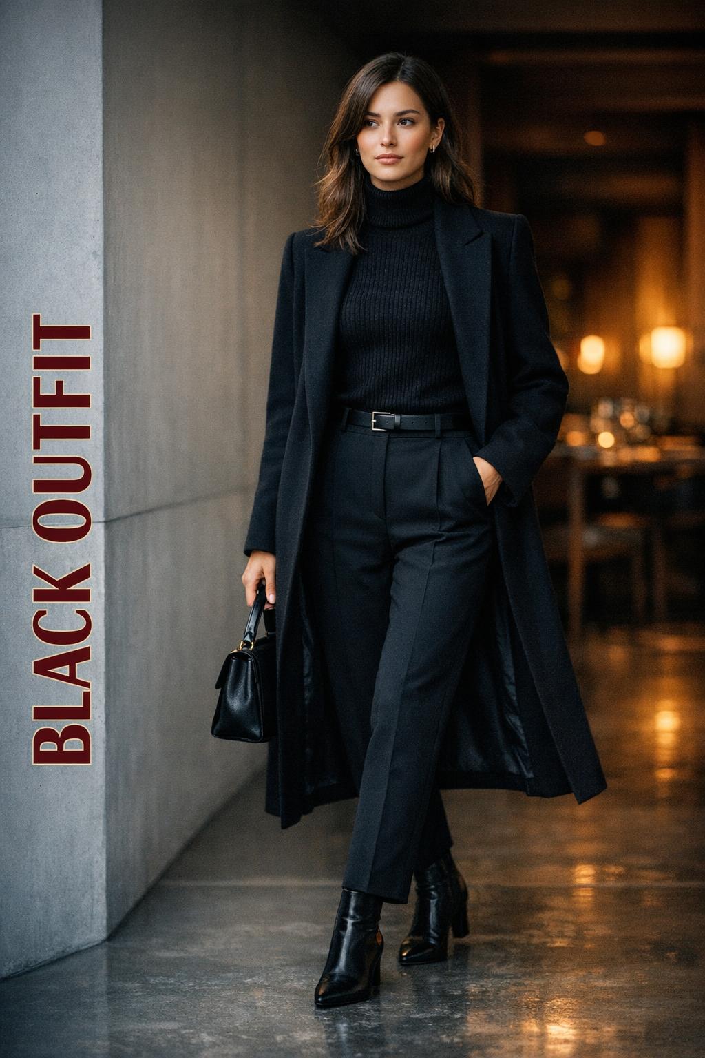 Cinematic editorial photo of a woman in a black outfit walking through a minimalist hallway with warm dinner lights behind