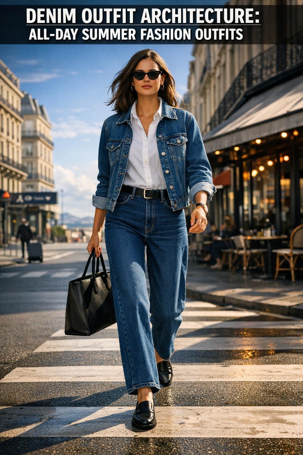 Denim outfit featuring a classic blue jean jacket and matching jeans in a casual street style look