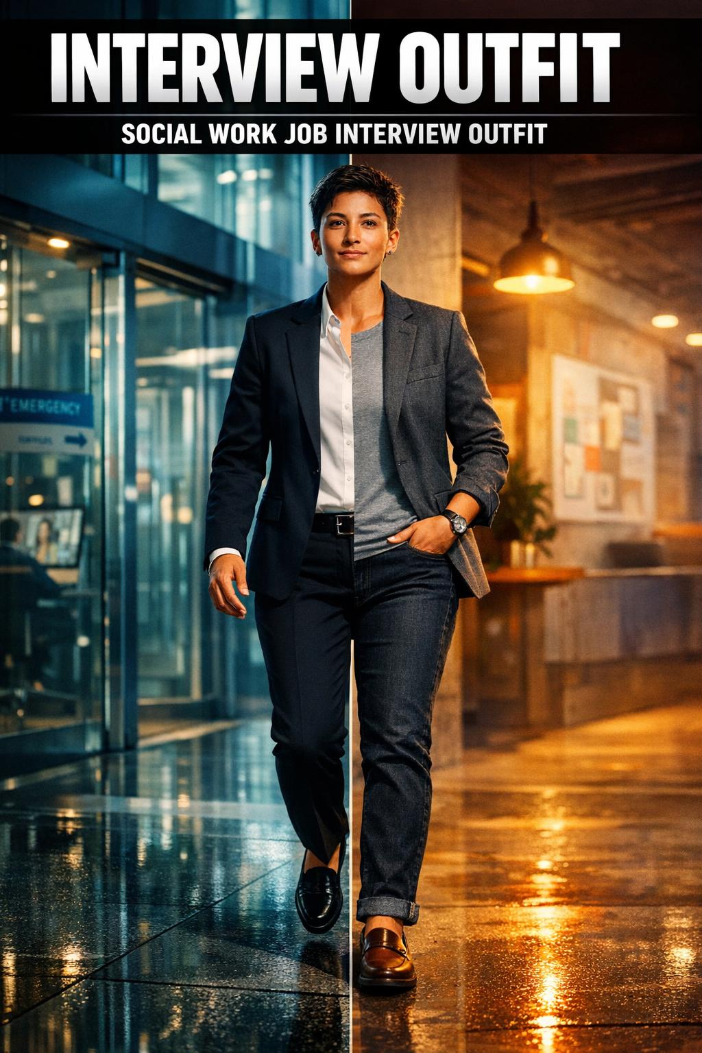 Classic interview outfit laid out on a chair with blazer, white shirt, and polished shoes in natural light