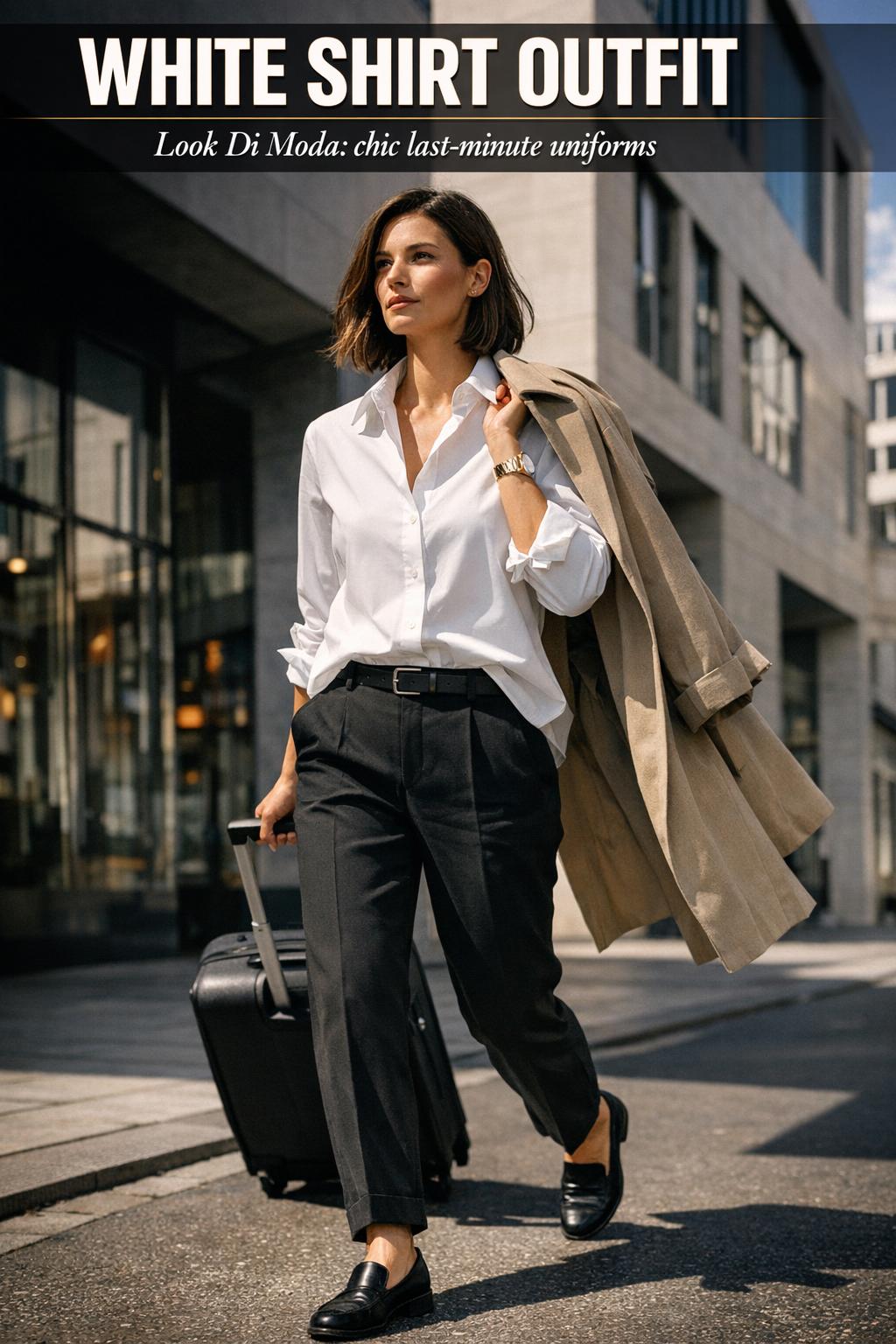 White shirt outfit styled with tailored trousers and loafers in natural daylight
