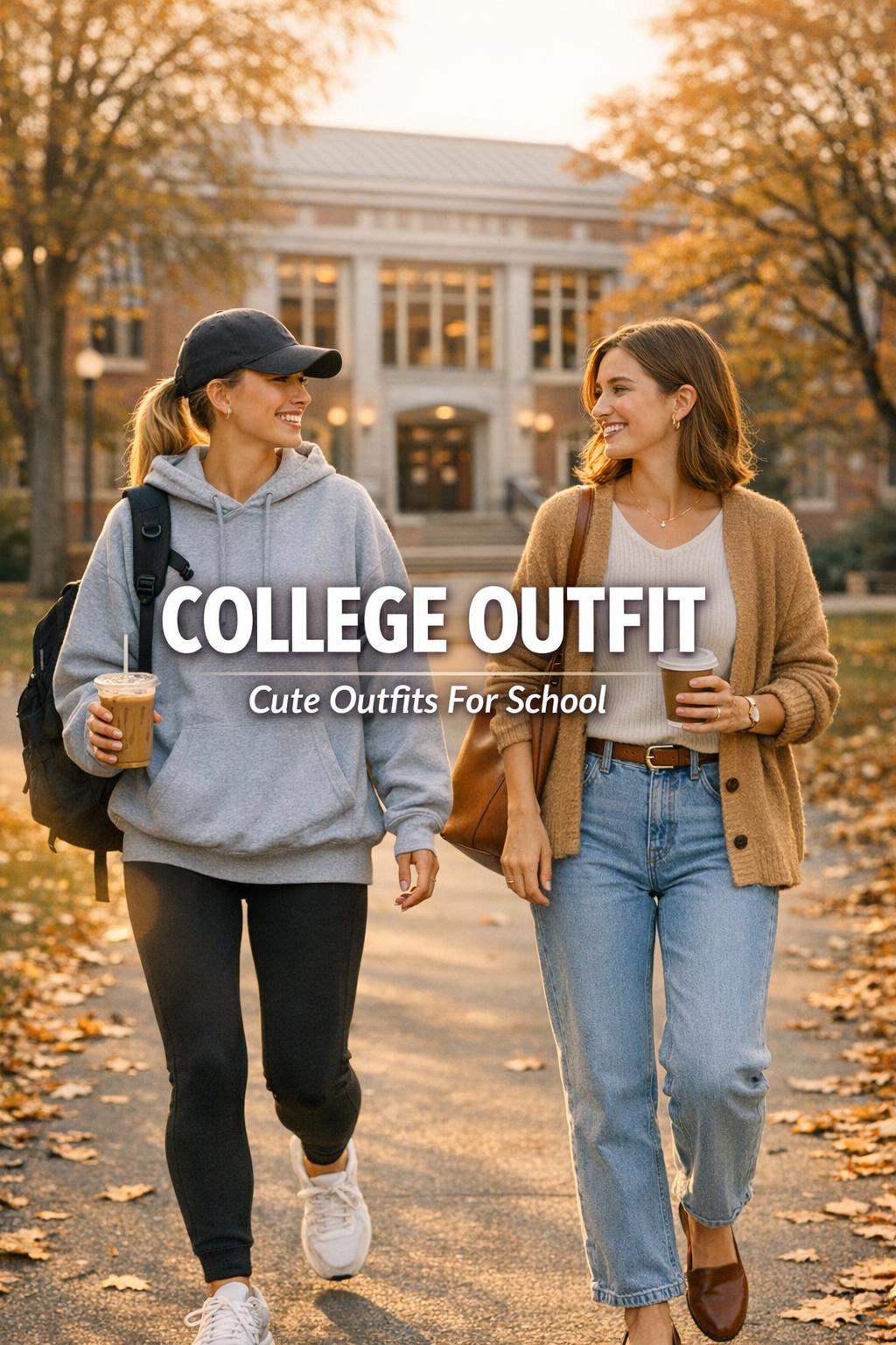 College outfit inspiration: two students walking on a golden-hour campus path in cozy vanilla fall athleisure and casual-chic