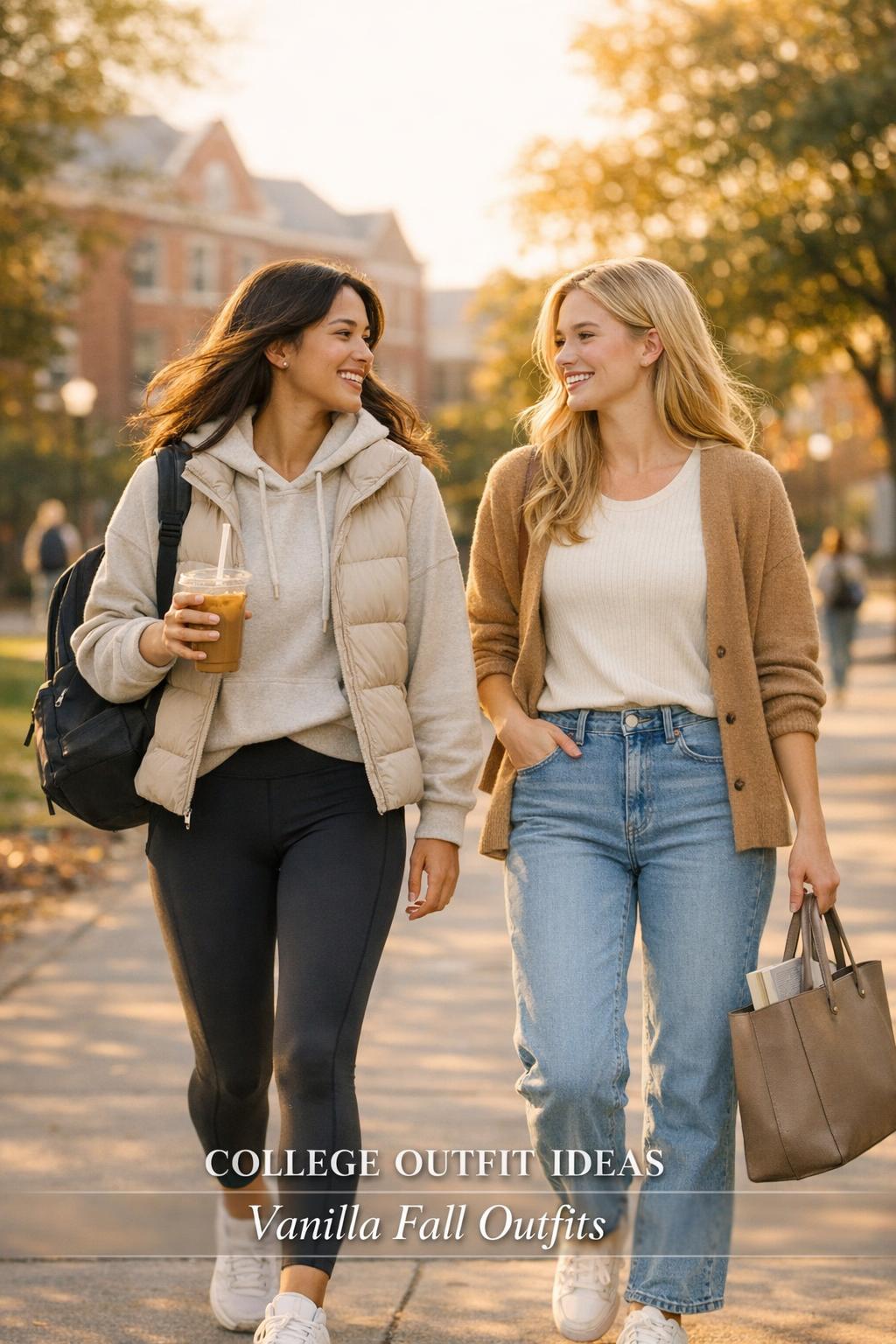 College outfit ideas: two women in vanilla fall athleisure and casual-chic walking on a campus walkway at golden hour