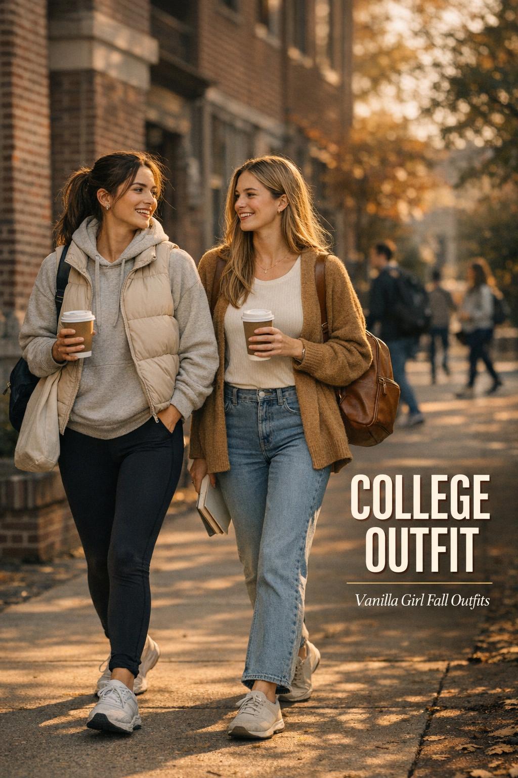 College outfit inspiration: two women walking with coffee on a campus walkway near a brick library at golden hour