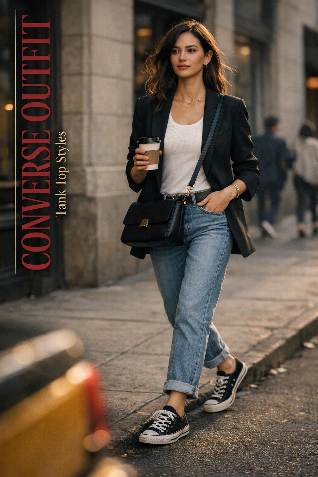 Converse outfit street style with black Chuck Taylor low-tops, white ribbed tank, light-wash jeans and black blazer on a city sidewalk