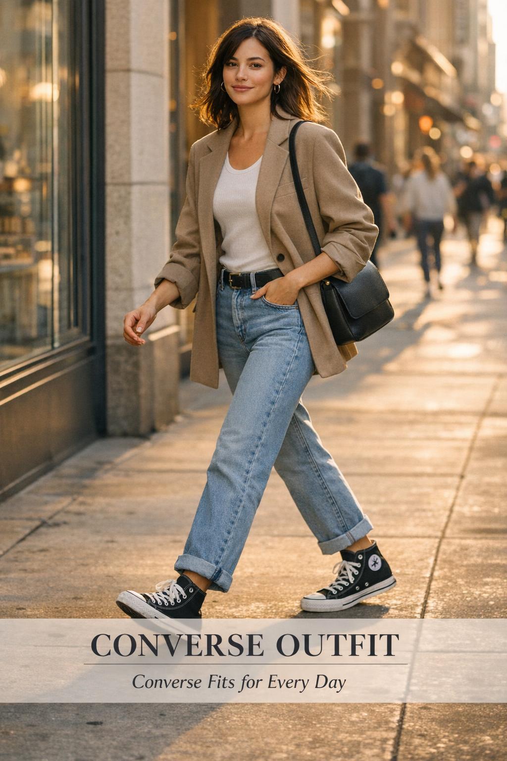 Converse outfit inspiration on a golden-hour city sidewalk, woman in beige blazer, jeans, and black Chuck Taylor high-tops.