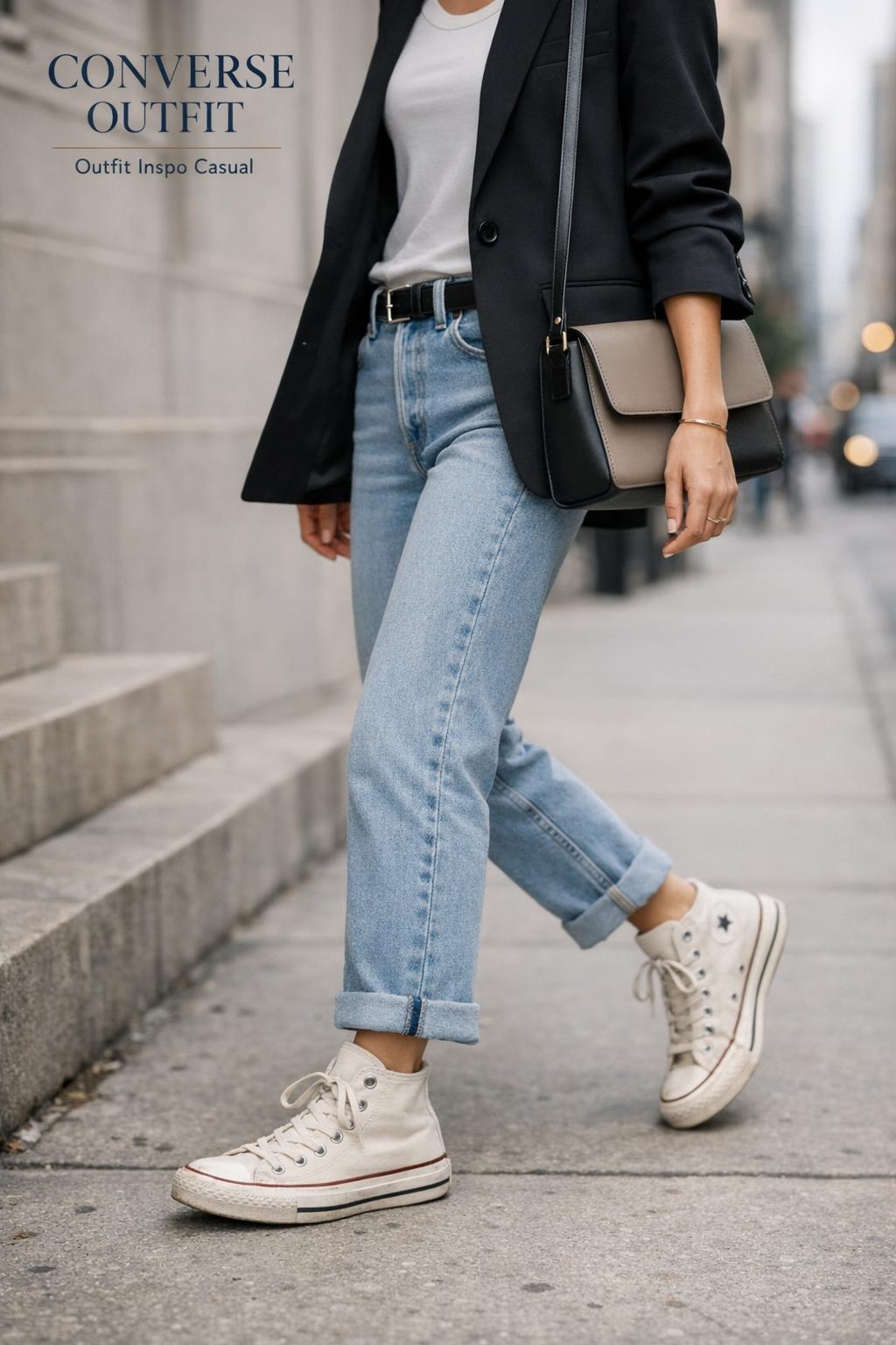 Converse outfit street style with off-white Chuck Taylors, light-wash cuffed jeans, white tank, and black blazer walking downtown