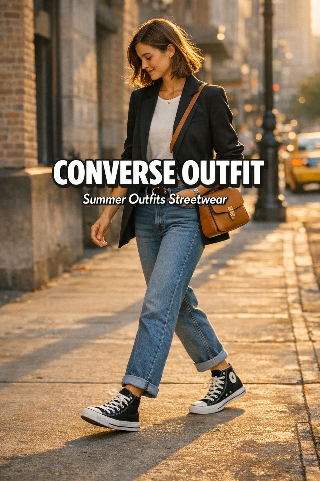 Converse outfit on a stylish young adult walking city sidewalk at golden hour in minimal streetwear with Chuck Taylors