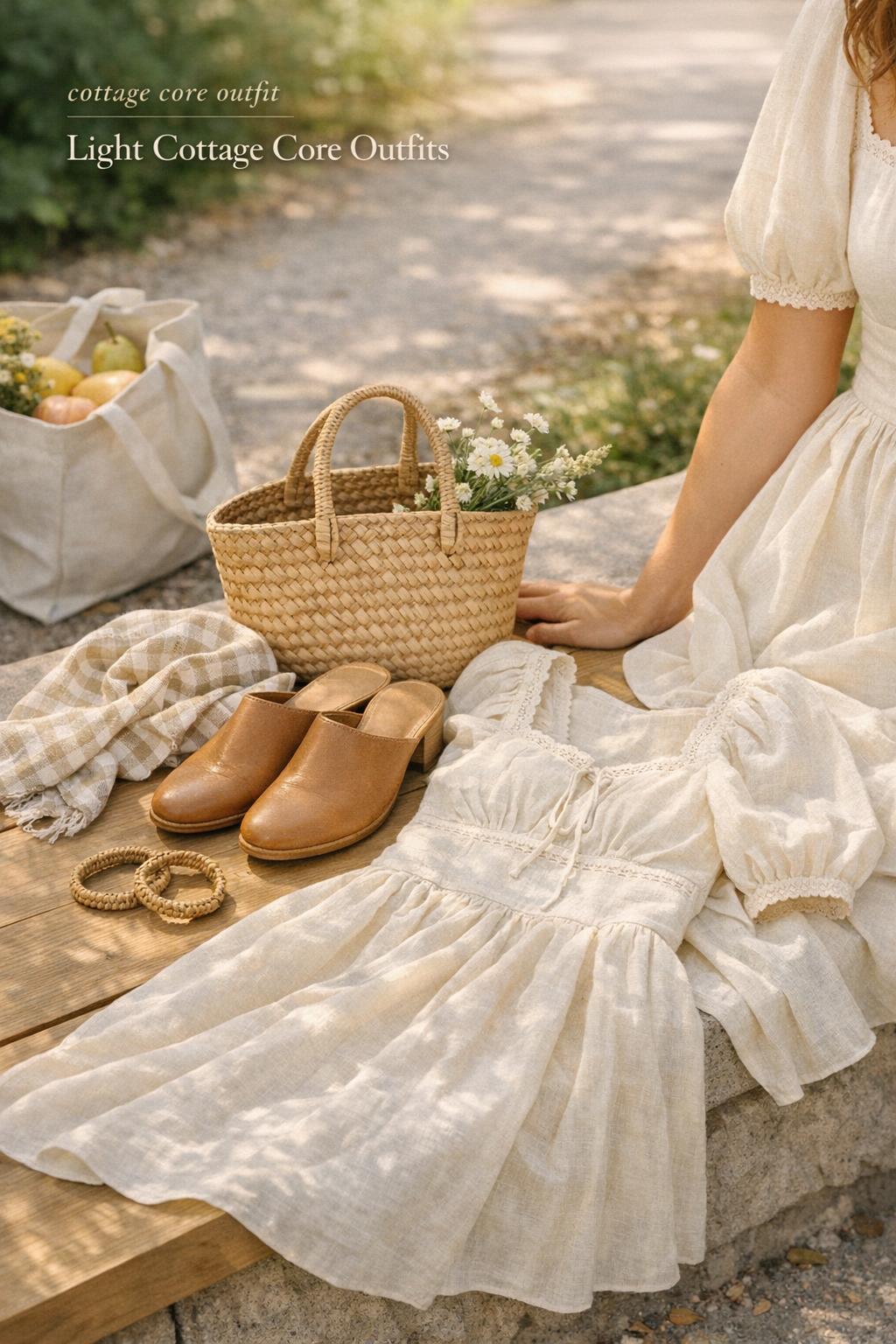 Cottage core outfit flat lay with cream milkmaid dress, gingham scarf, straw bag, wildflowers and tan mules in sunlit park