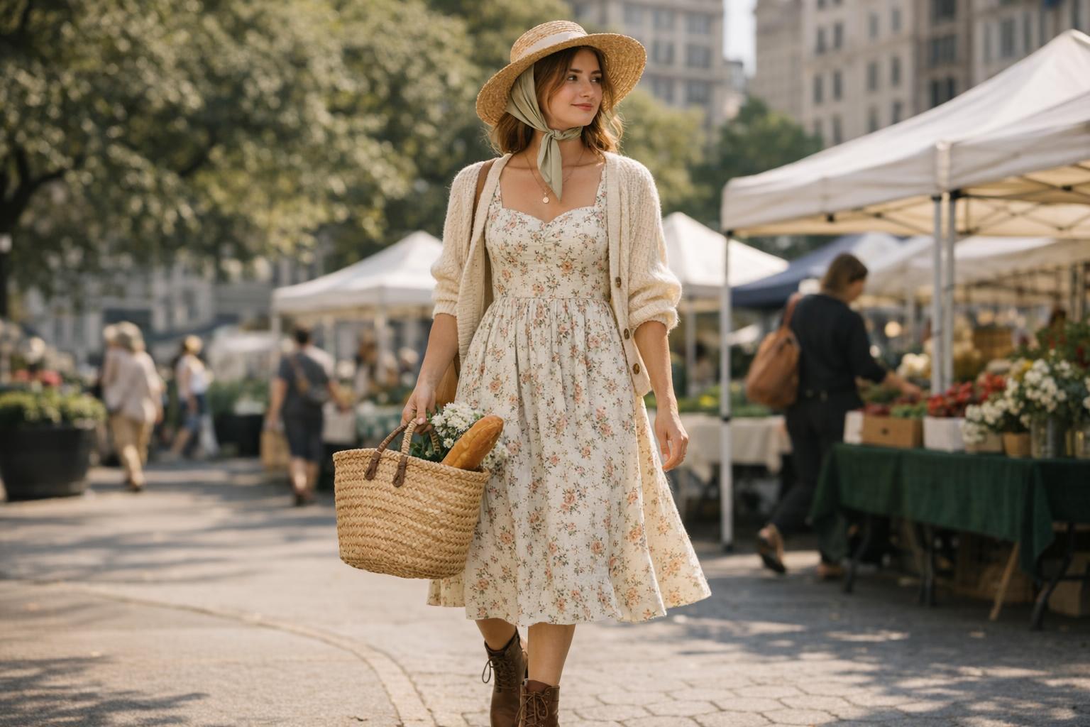 Cottage core outfit with a floral linen dress, woven straw bag, and leather sandals on a sunlit city street