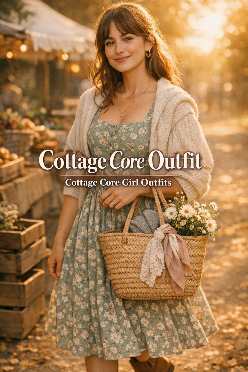 Cottage core outfit at golden-hour farmers market with floral milkmaid dress, straw tote flowers, and cozy cardigan.
