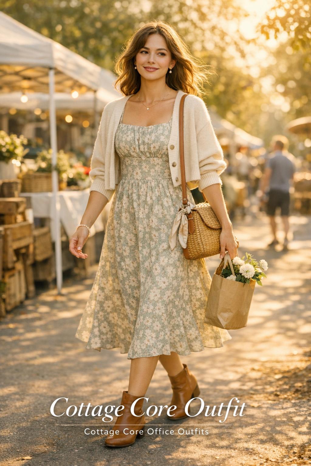 Stylish woman in a cottage core outfit walking at a golden-hour farmer’s market, wearing a floral midi dress and cardigan.