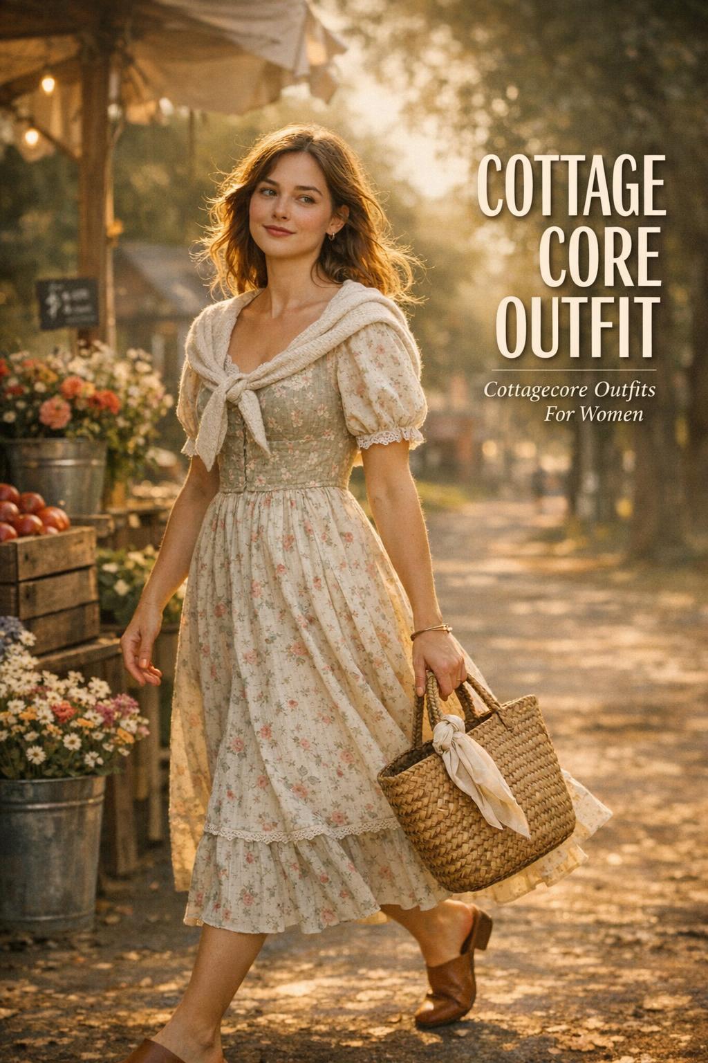 Young woman in a cottage core outfit walks past a farmers market at golden hour, carrying a straw tote in soft bokeh.