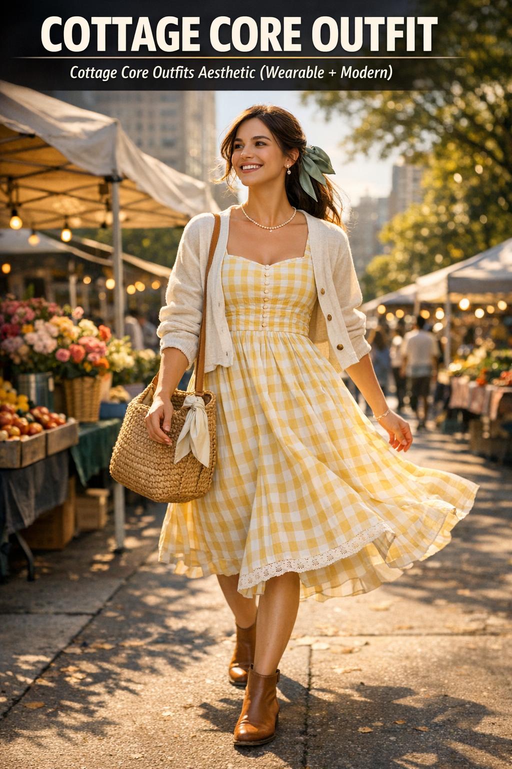 Cottage core outfit styled in a sunlit garden with a floral dress, lace details, and a straw hat