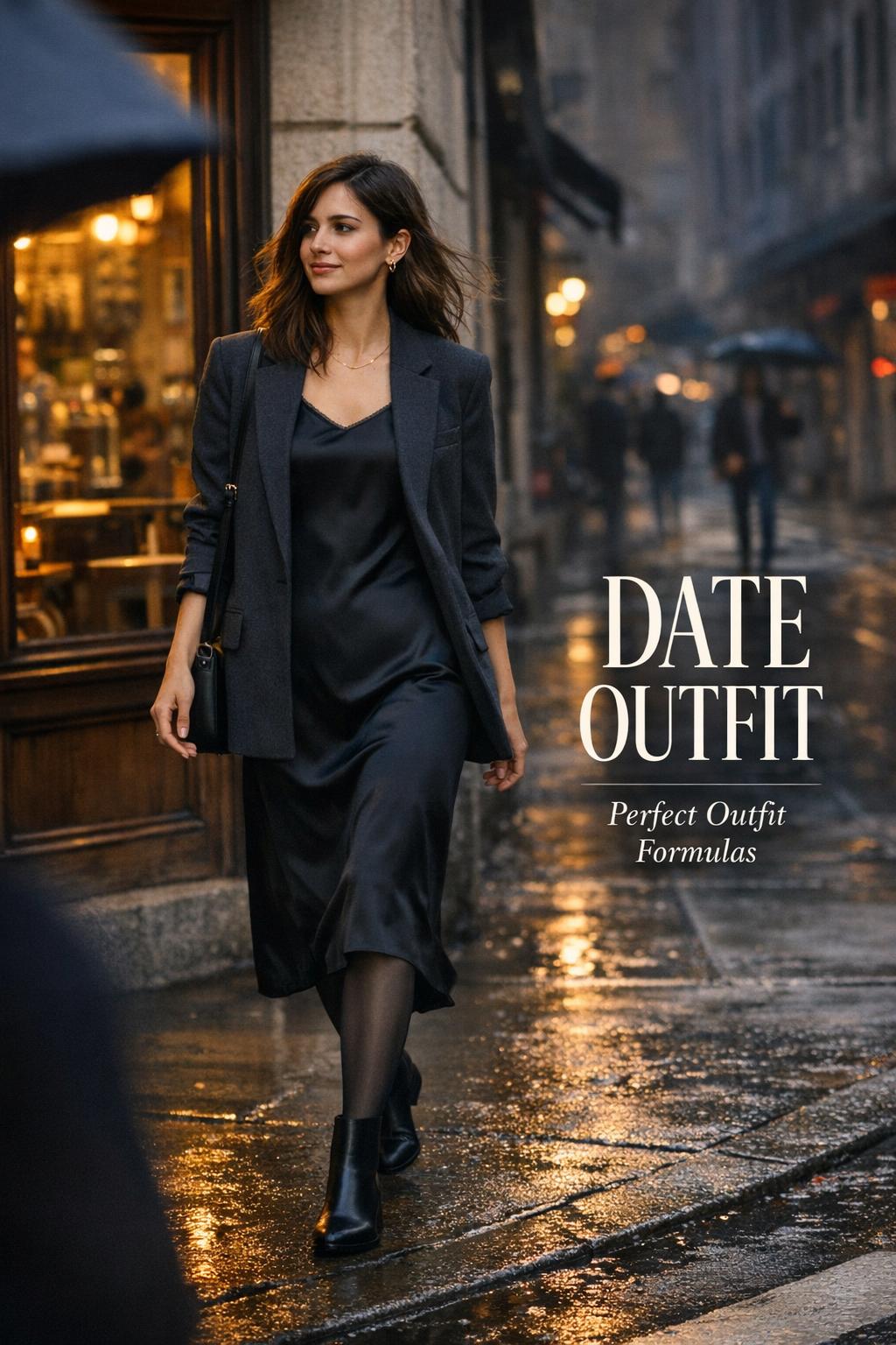 Date outfit guide: woman in black satin slip dress and charcoal blazer walking past a NYC corner cafe after rain