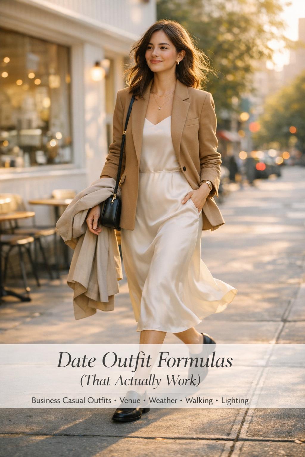 Date outfit on a sunlit city sidewalk: woman in ivory satin slip dress and camel blazer walking past a minimalist cafe