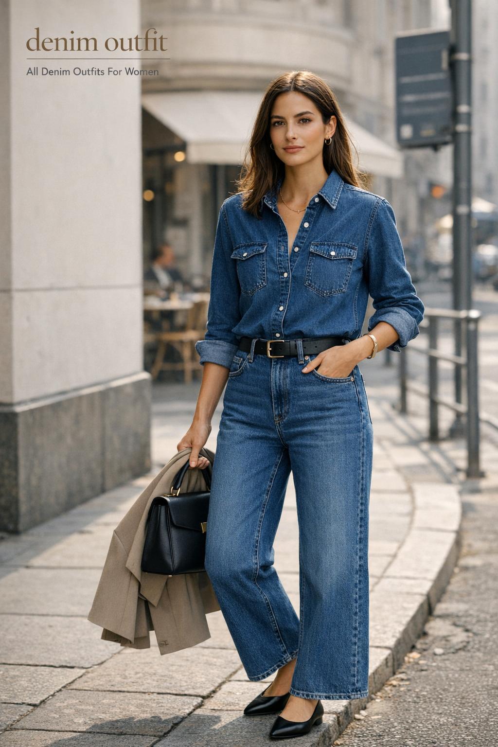 Denim outfit with elegant woman in double denim and blazer on a European street corner, day-to-night editorial style.