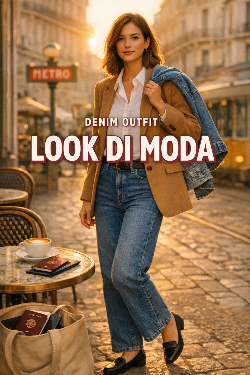 Denim outfit street style: woman in indigo jeans, white shirt and camel blazer at a European café in golden-hour light