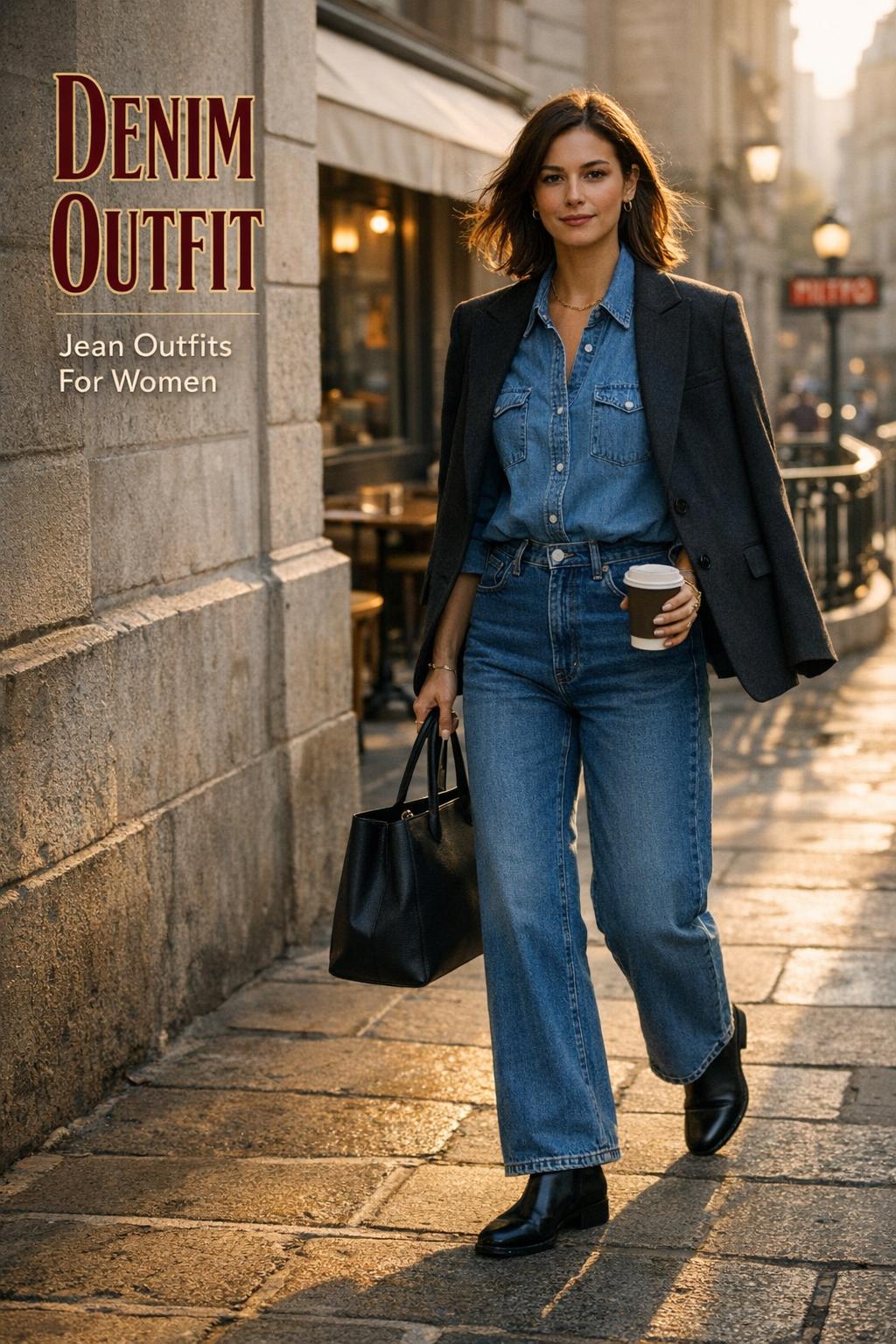 Denim outfit street style on a woman walking by a minimalist Paris café and metro entrance in golden-hour light.