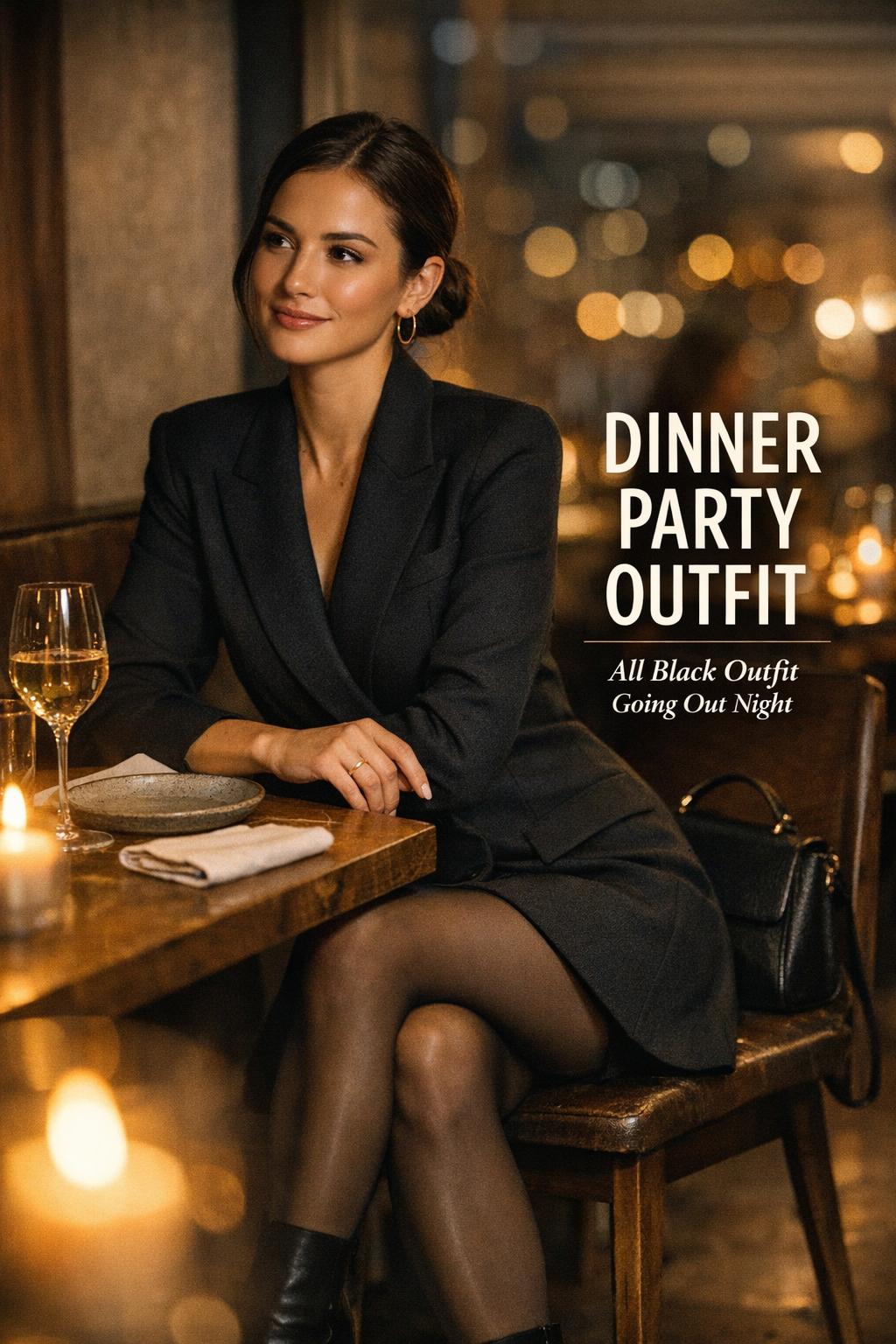 Dinner party outfit in an upscale candlelit city restaurant: stylish woman in a black blazer dress with elegant text overlay.