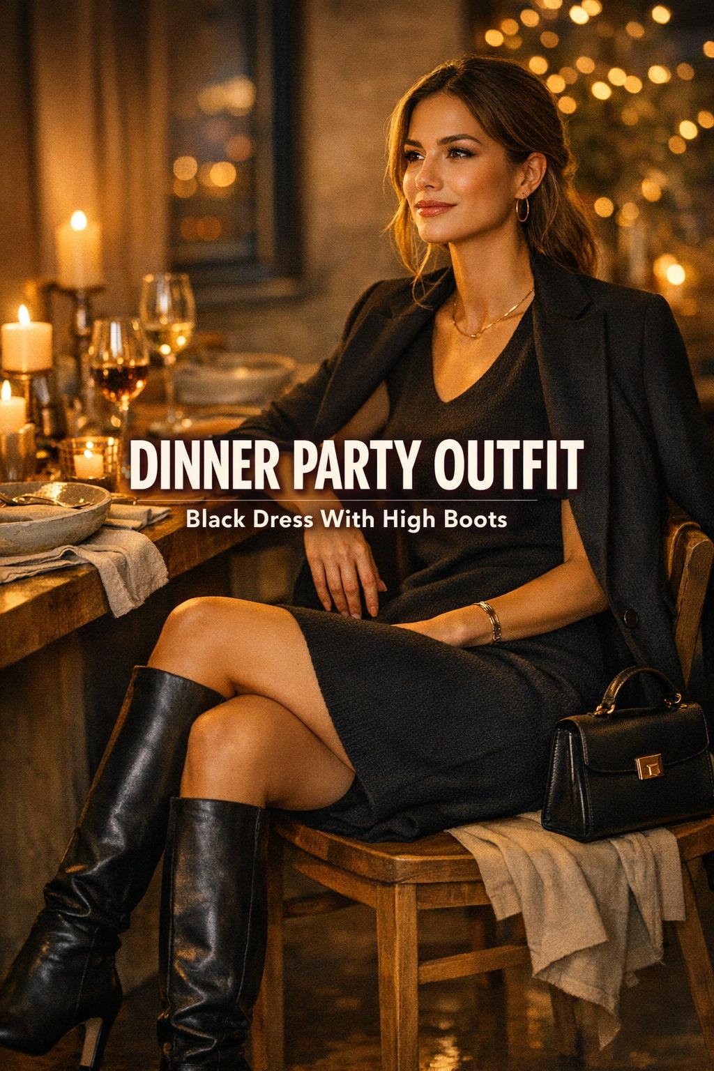 Dinner party outfit: woman in black dress and high boots at a candlelit dinner table with warm bokeh lights