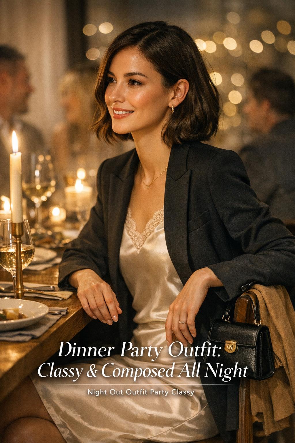 Dinner party outfit inspiration: stylish woman in a black blazer dress at a candlelit apartment dinner table