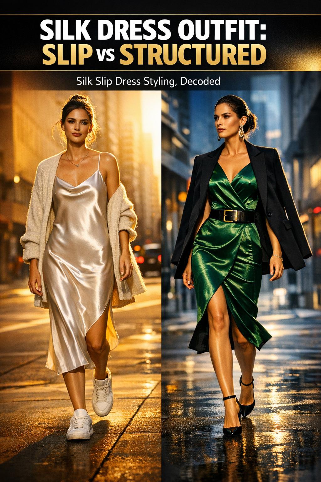 Silk dress outfit styled on a woman in natural light, elegant and minimalist look for a chic daytime occasion