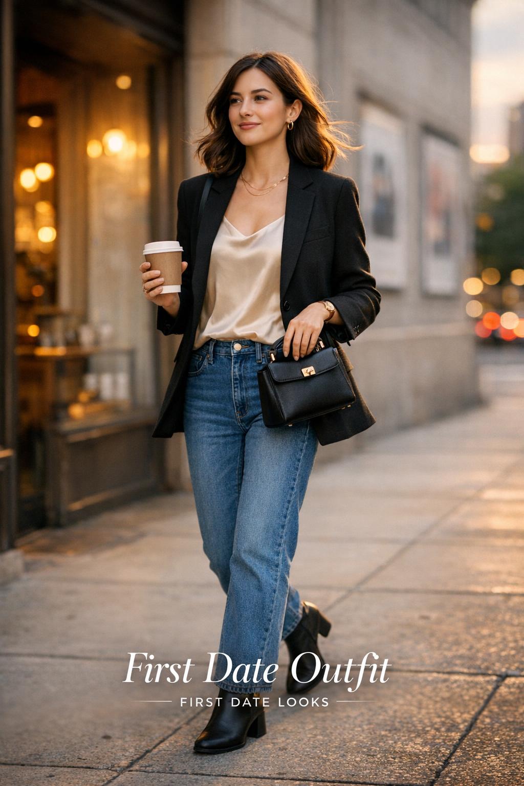 Stylish woman in blazer, silk top and jeans walking past a cafe at golden hour, first date outfit inspiration