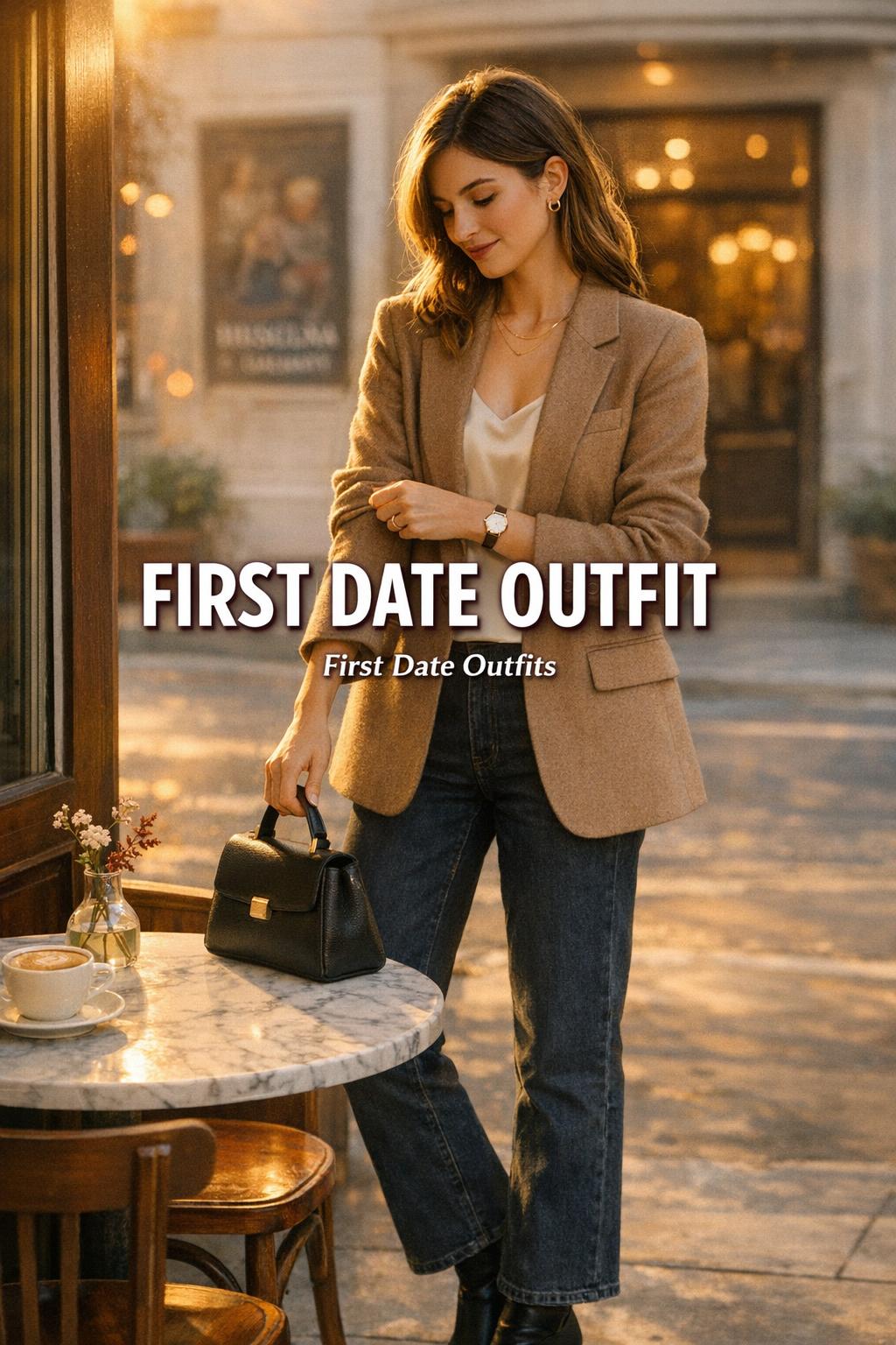 First date outfit inspiration: stylish woman in blazer and dark denim by a city cafe window in warm golden-hour light