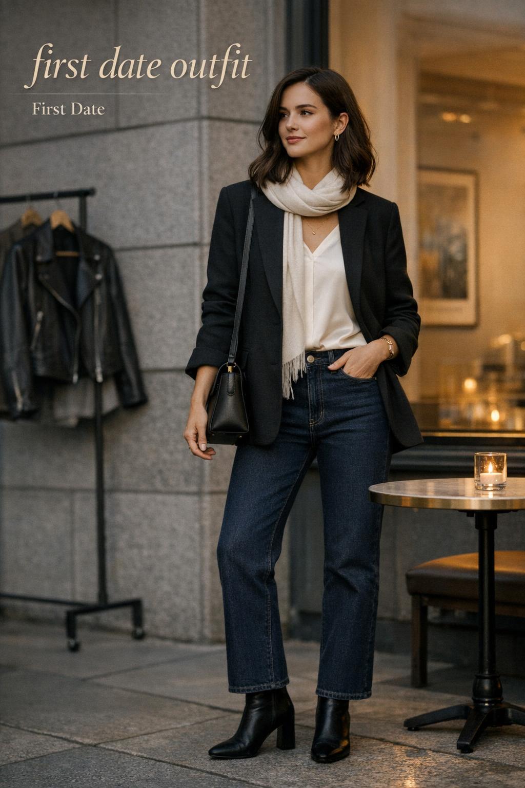 First date outfit styling: woman in dark denim, ivory silk blouse and black blazer outside a modern cafe at dusk