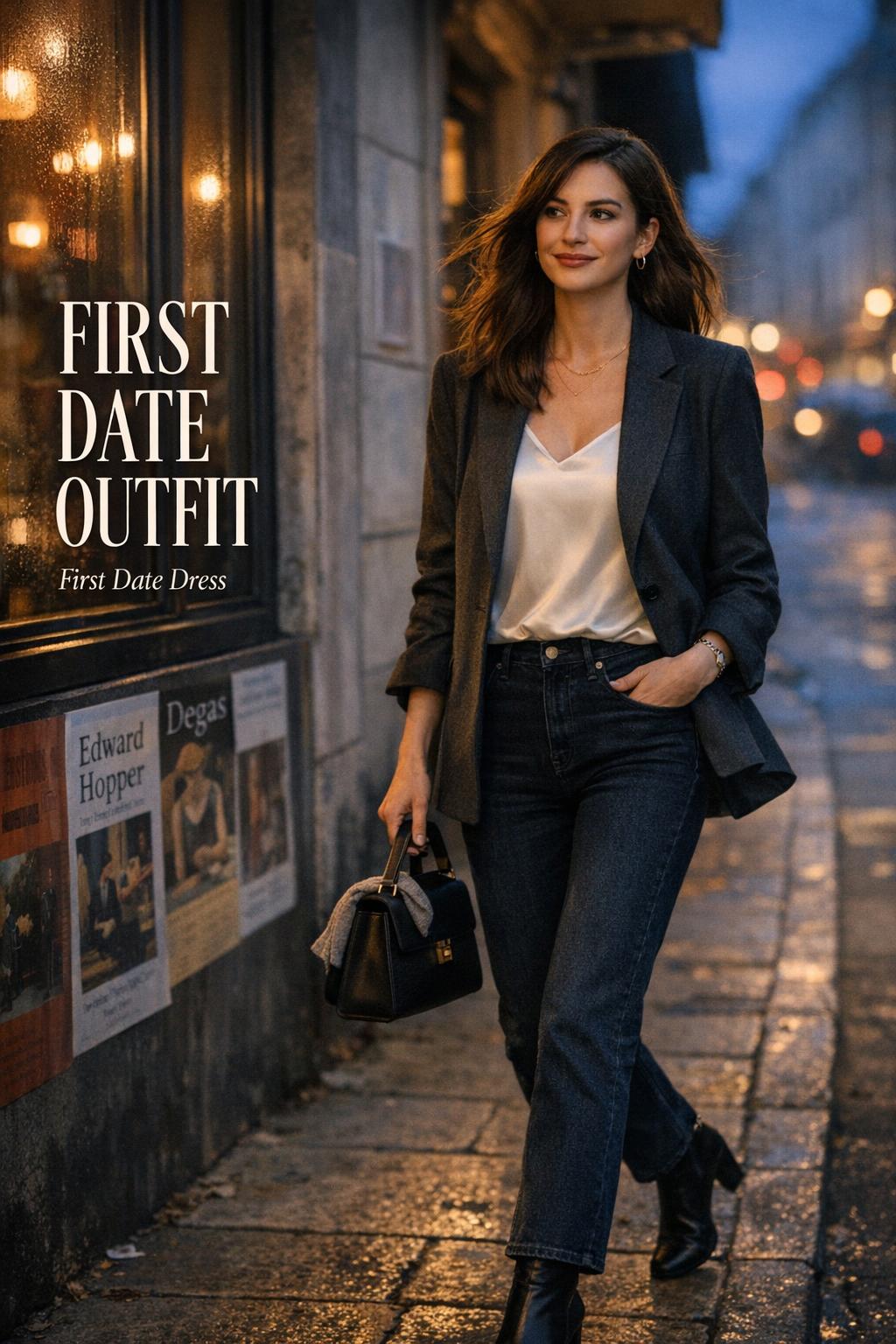First date outfit editorial photo of a stylish woman walking by a cafe window at golden hour with bold text overlay.