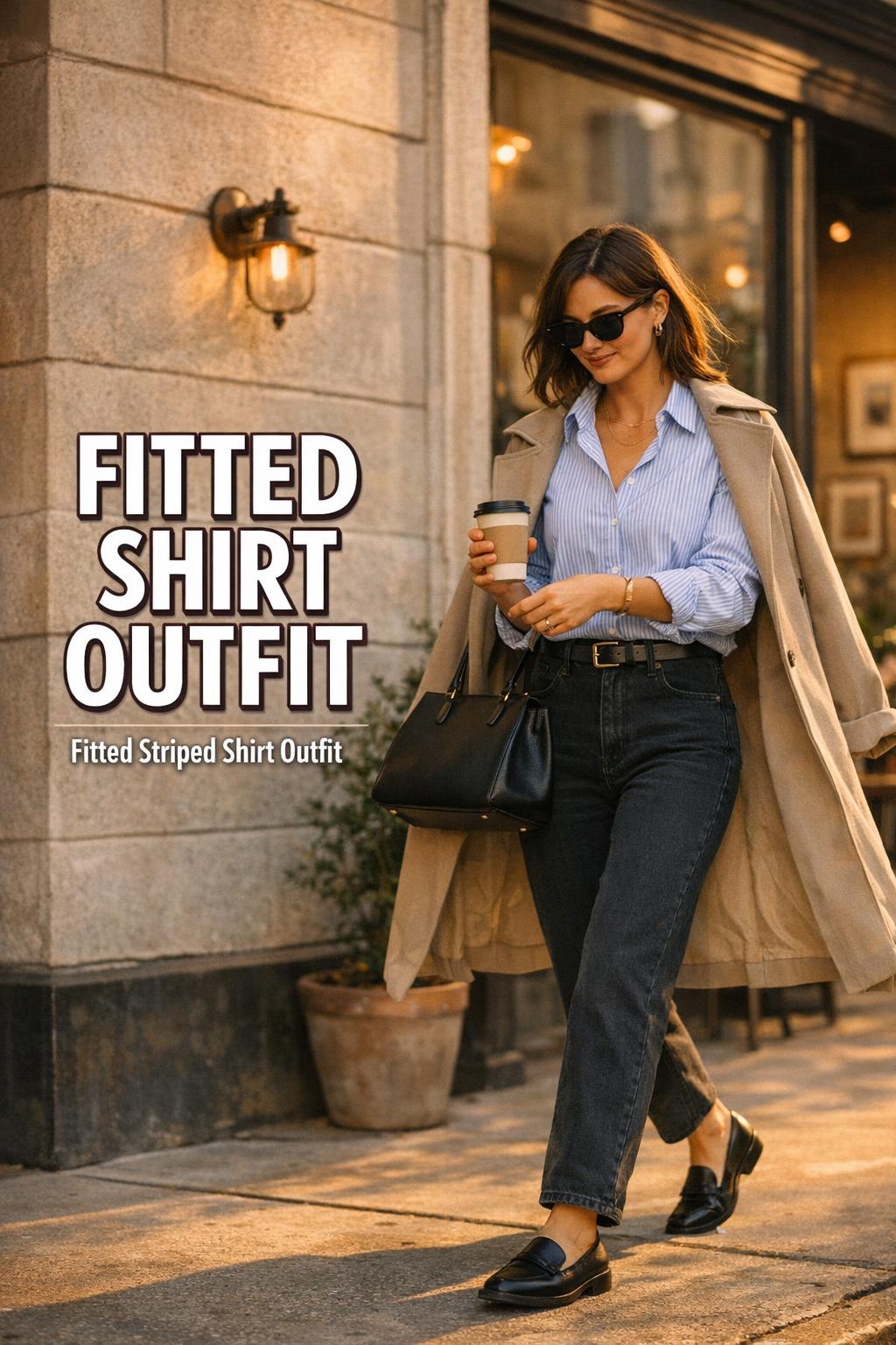 Fitted shirt outfit in golden-hour street style, woman walking past a European-style café in tailored trousers and trench.