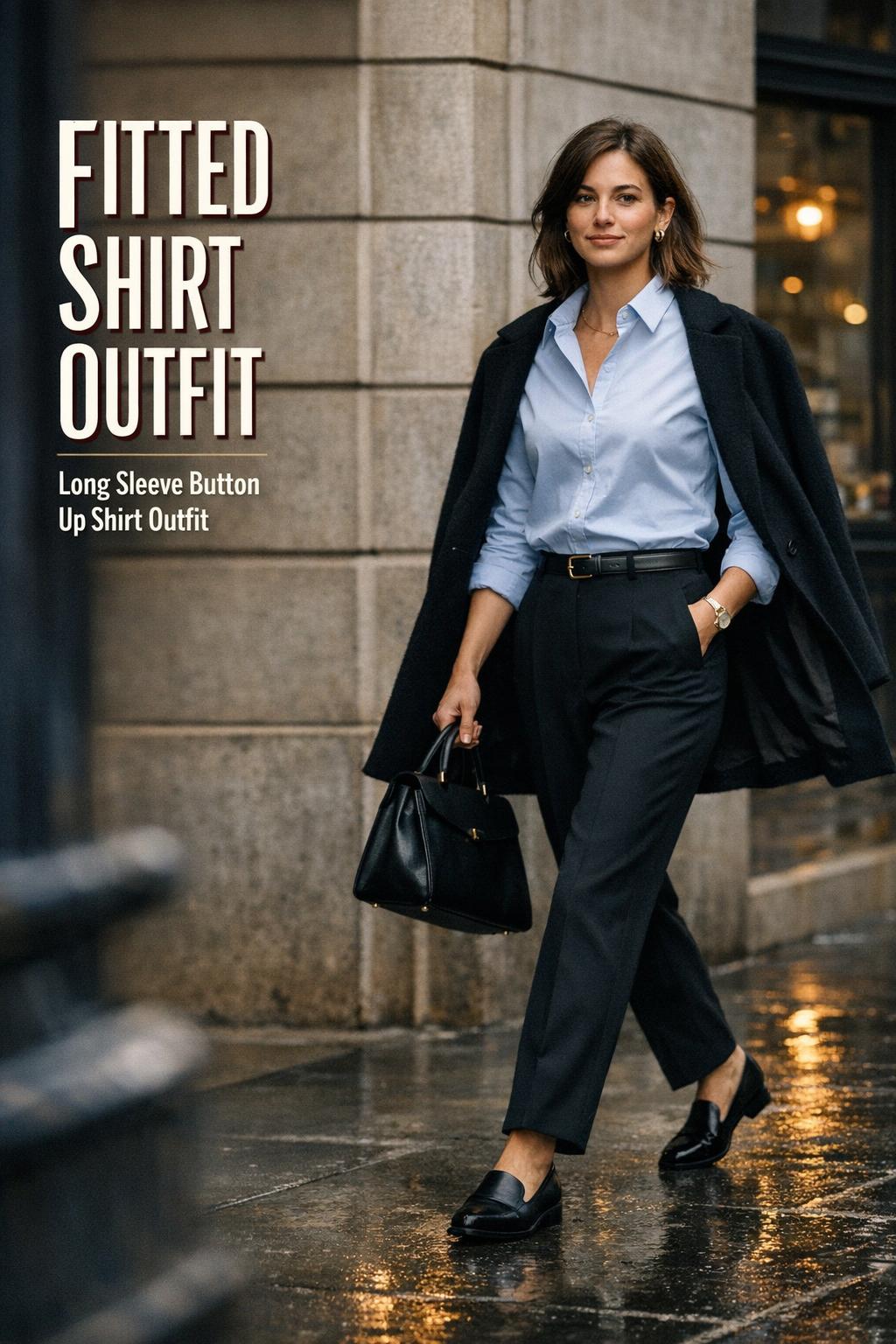 Fitted shirt outfit style guide featuring a woman in a white button-up and tailored trousers walking on a wet European city street