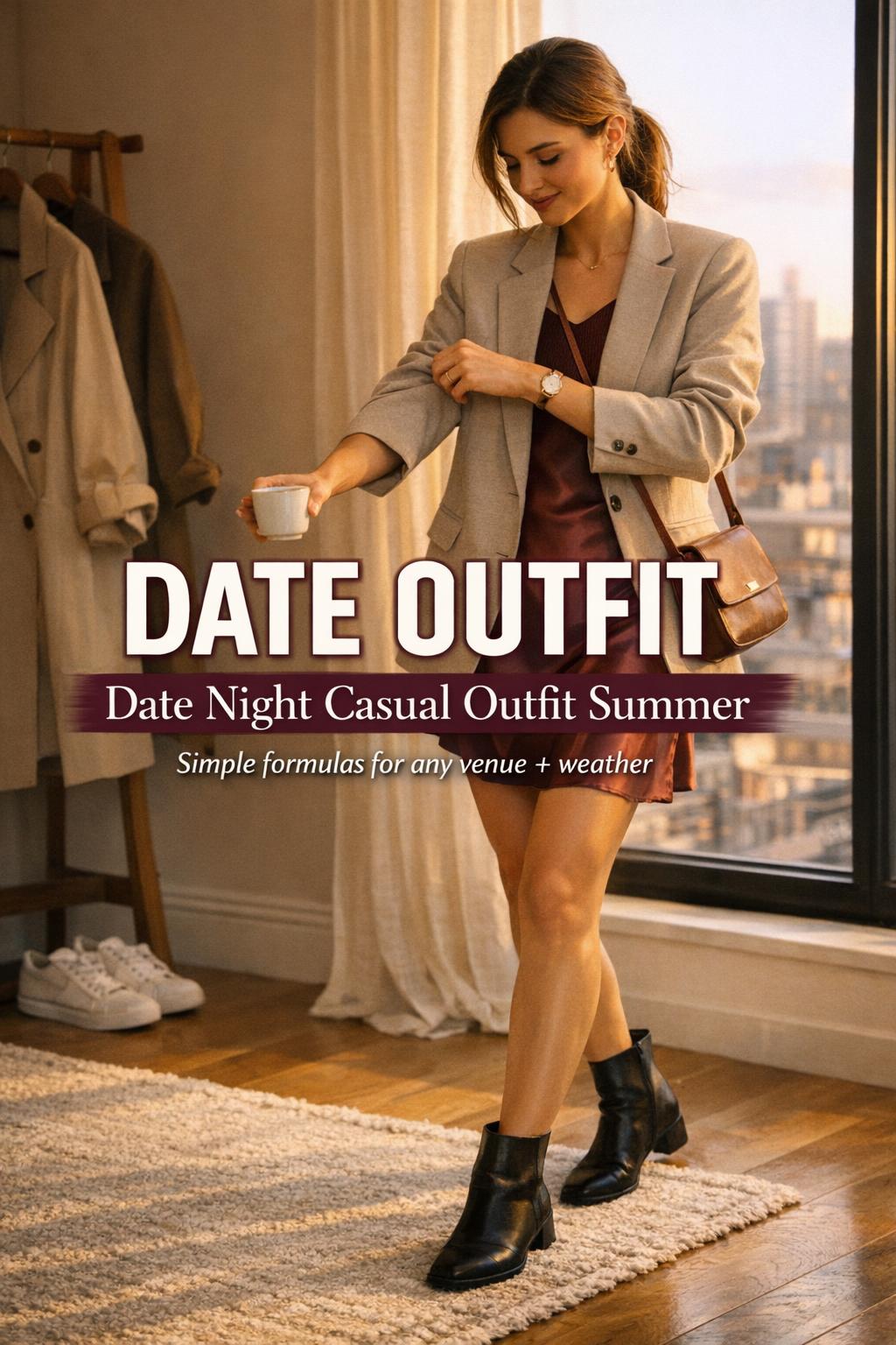 Golden-hour apartment entryway photo of stylish woman adjusting blazer with coffee, showcasing a chic date outfit