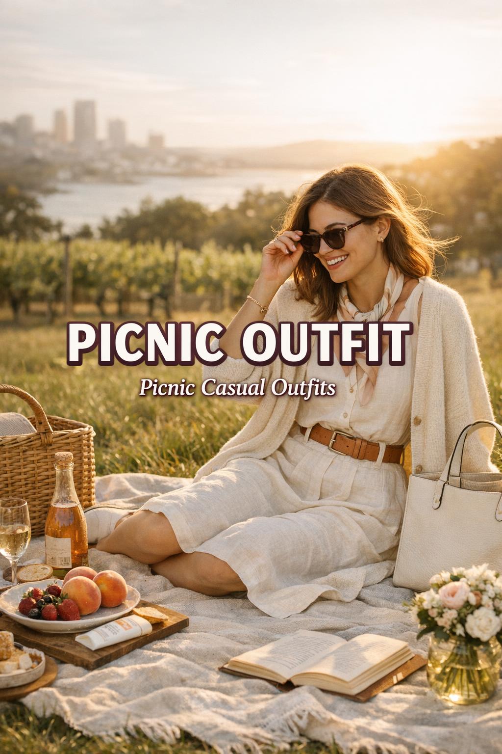 Picnic outfit in golden-hour city park picnic scene with woman in belted linen dress adjusting sunglasses on blanket