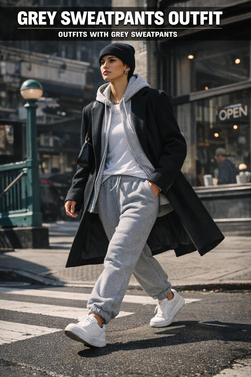 Grey sweatpants outfit styled with a relaxed hoodie and sneakers in a casual streetwear look