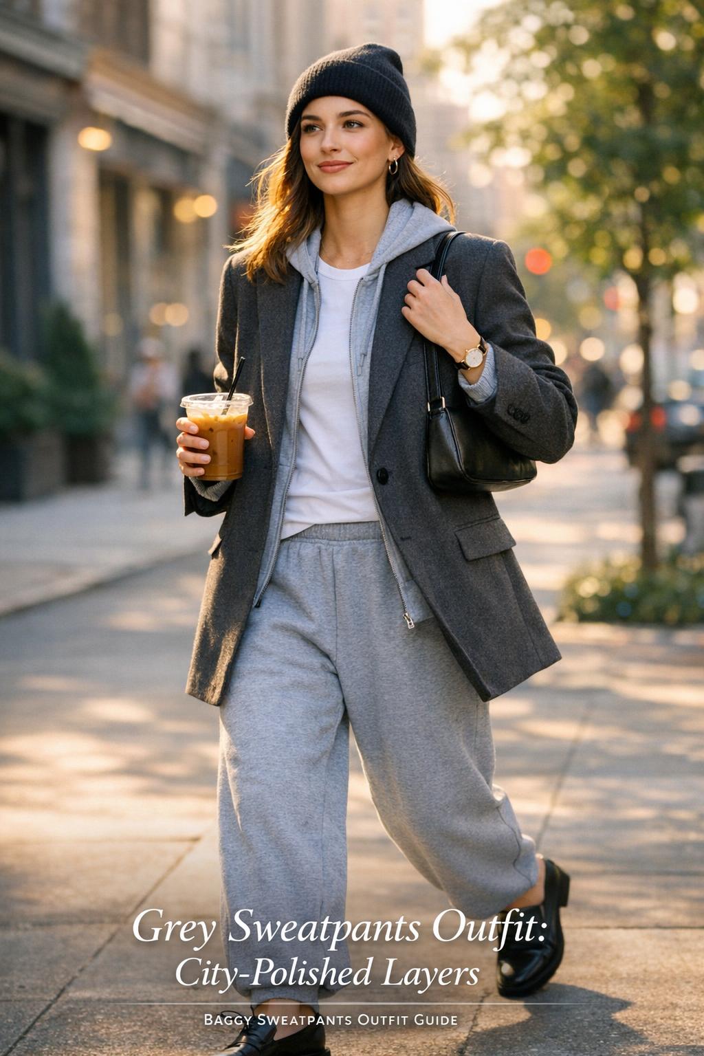 Grey sweatpants outfit on a stylish woman walking in NYC with iced coffee, camel coat, and white sneakers in golden daylight