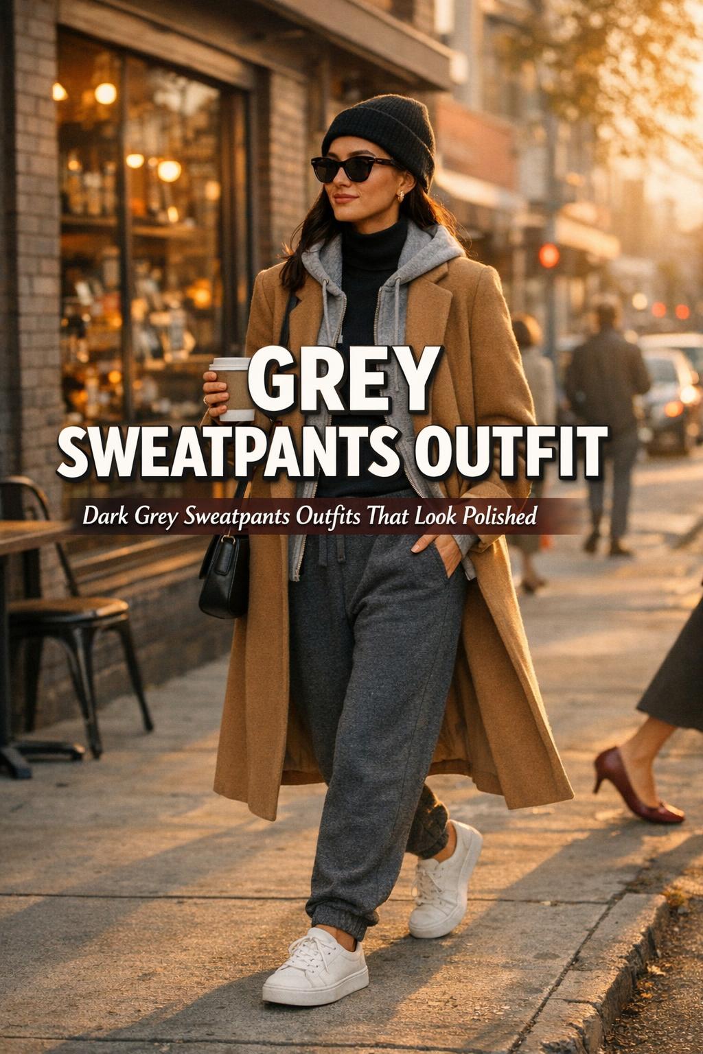 Grey sweatpants outfit styled with camel coat and white sneakers, walking past a glowing coffee shop at golden hour.