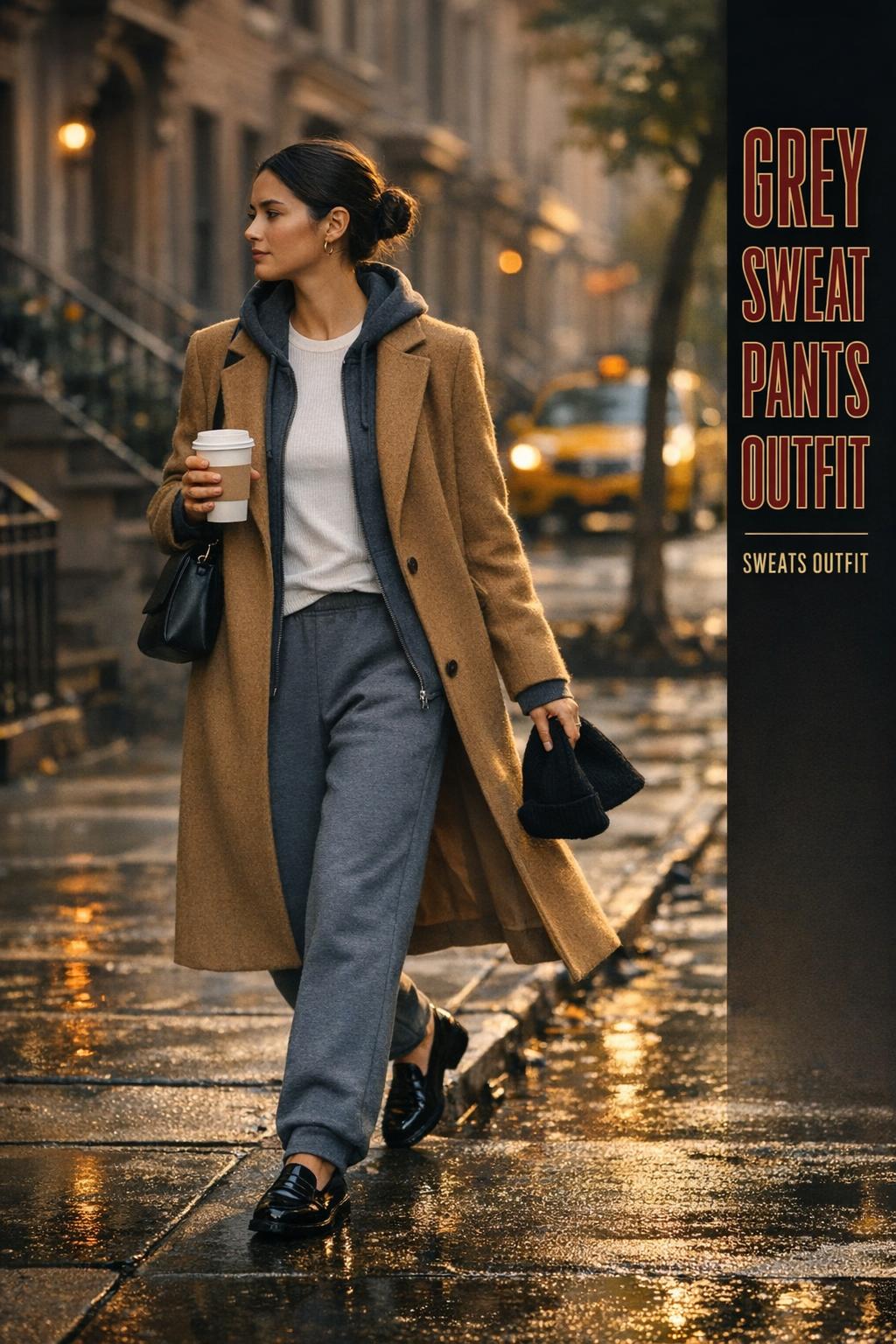Woman in a grey sweatpants outfit on a rainy NYC sidewalk at golden hour, wearing a camel coat and loafers