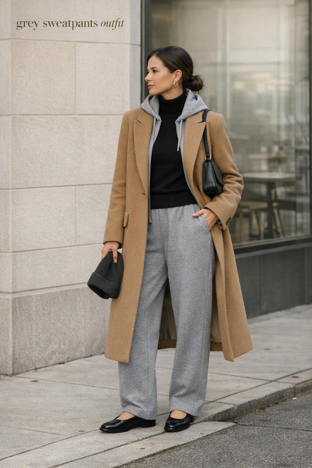 Grey sweatpants outfit street style with camel coat and black loafers outside a modern cafe in natural daylight