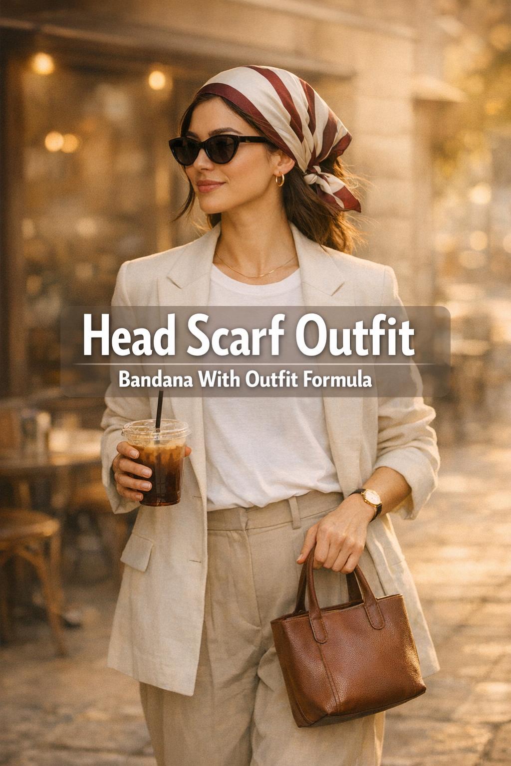Head scarf outfit on a stylish woman running errands with iced coffee on a warm European street at golden hour