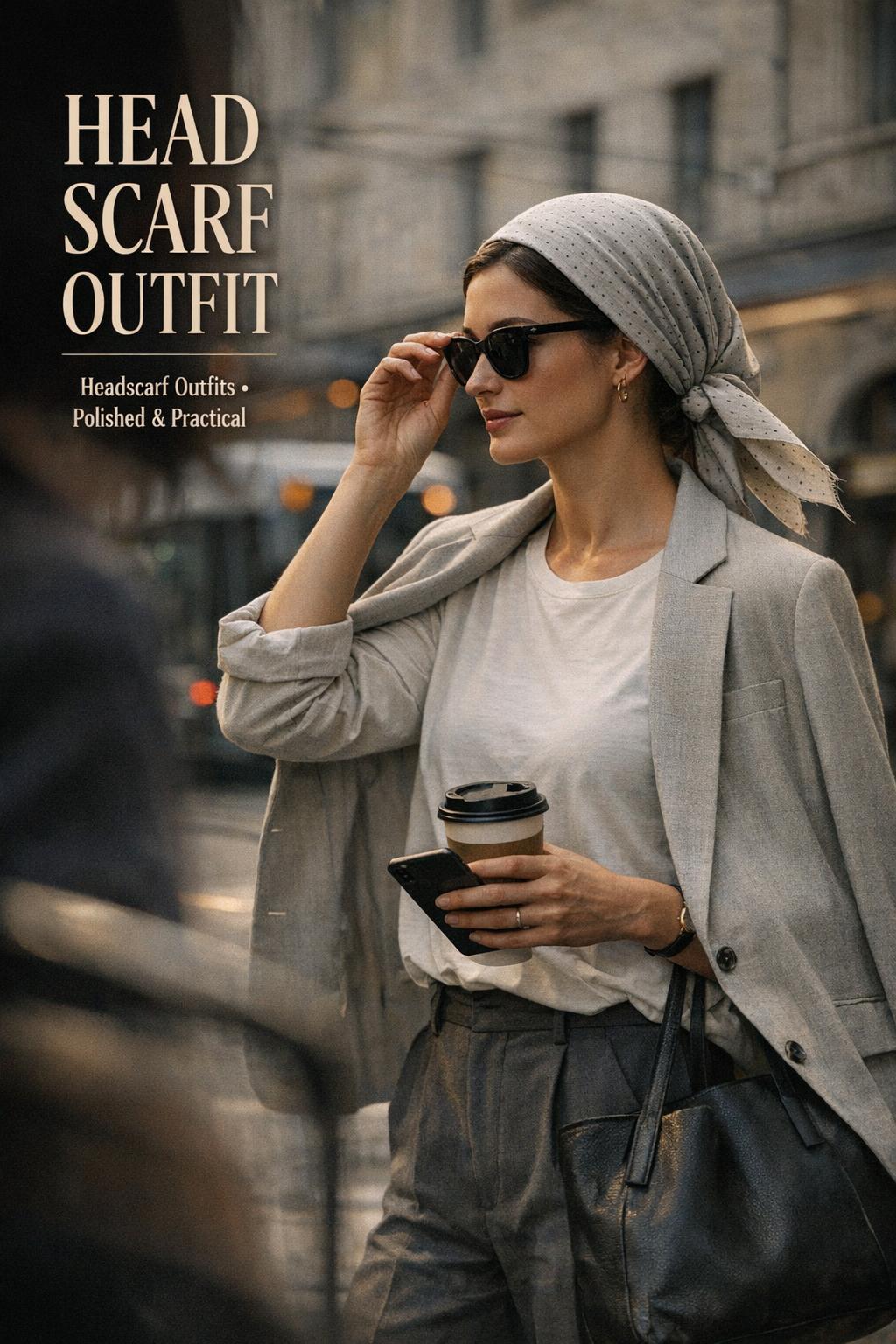 Head scarf outfit styling at a European tram stop, woman in tonal monochrome look adjusting sunglasses with coffee