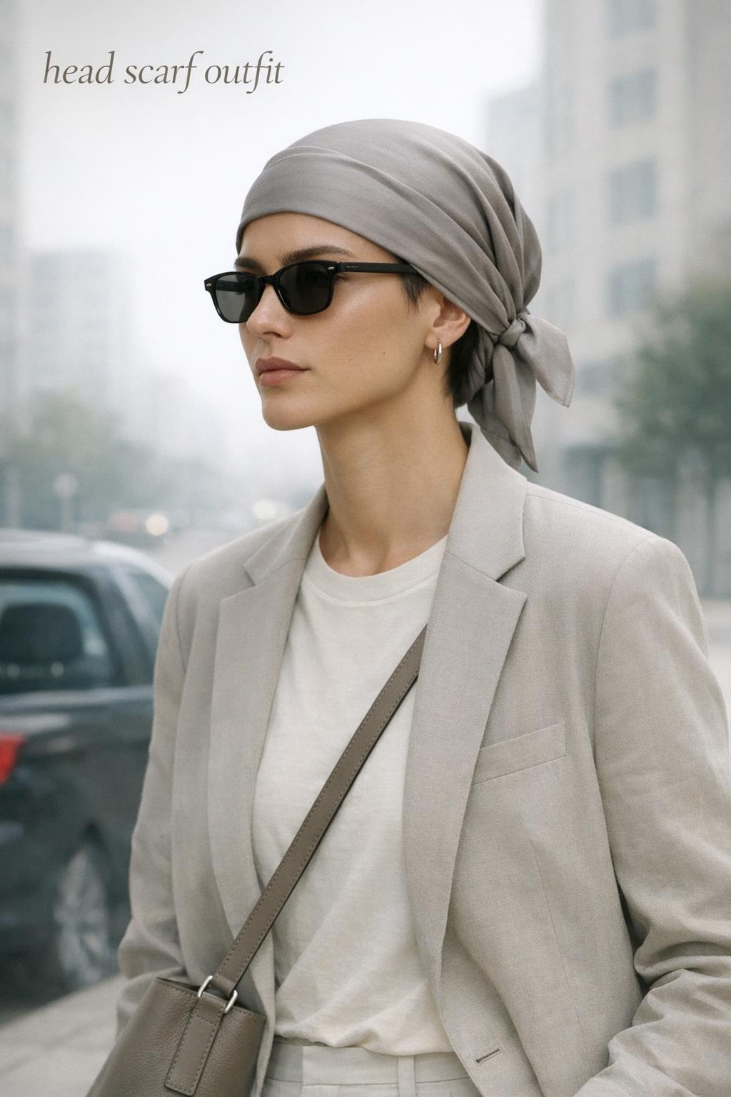 Head scarf outfit on an androgynous model in a minimalist European street-style city scene