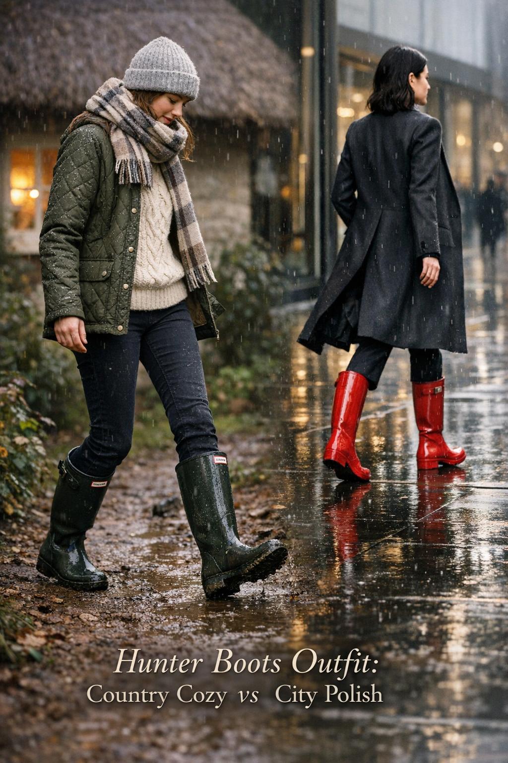 Hunter boots outfit in rainy setting showing country cozy and city polish looks with tall boots on muddy path and wet sidewalk