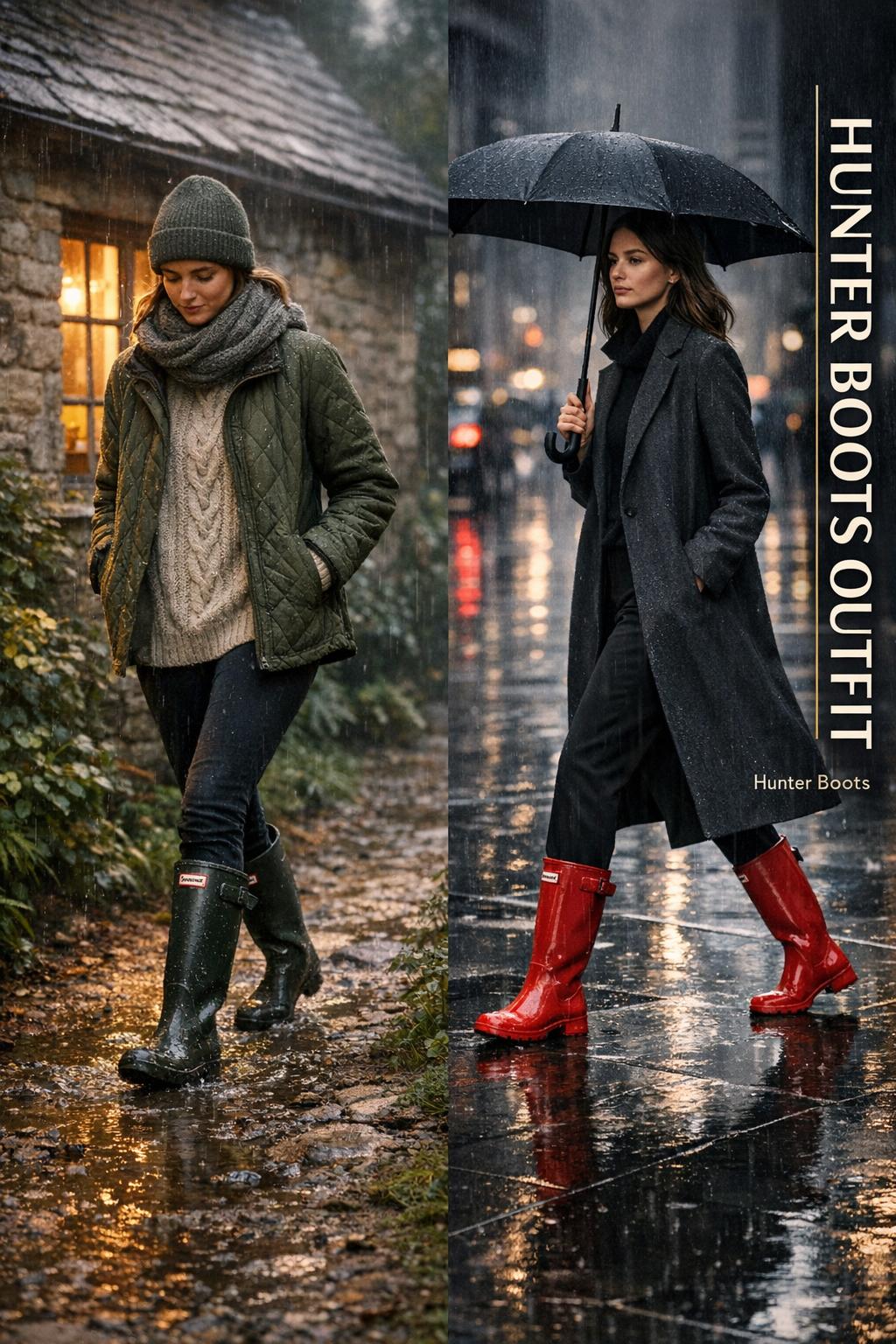 Hunter boots outfit diptych: cozy cottage look and sleek city style in rain, with red boots accent and umbrella